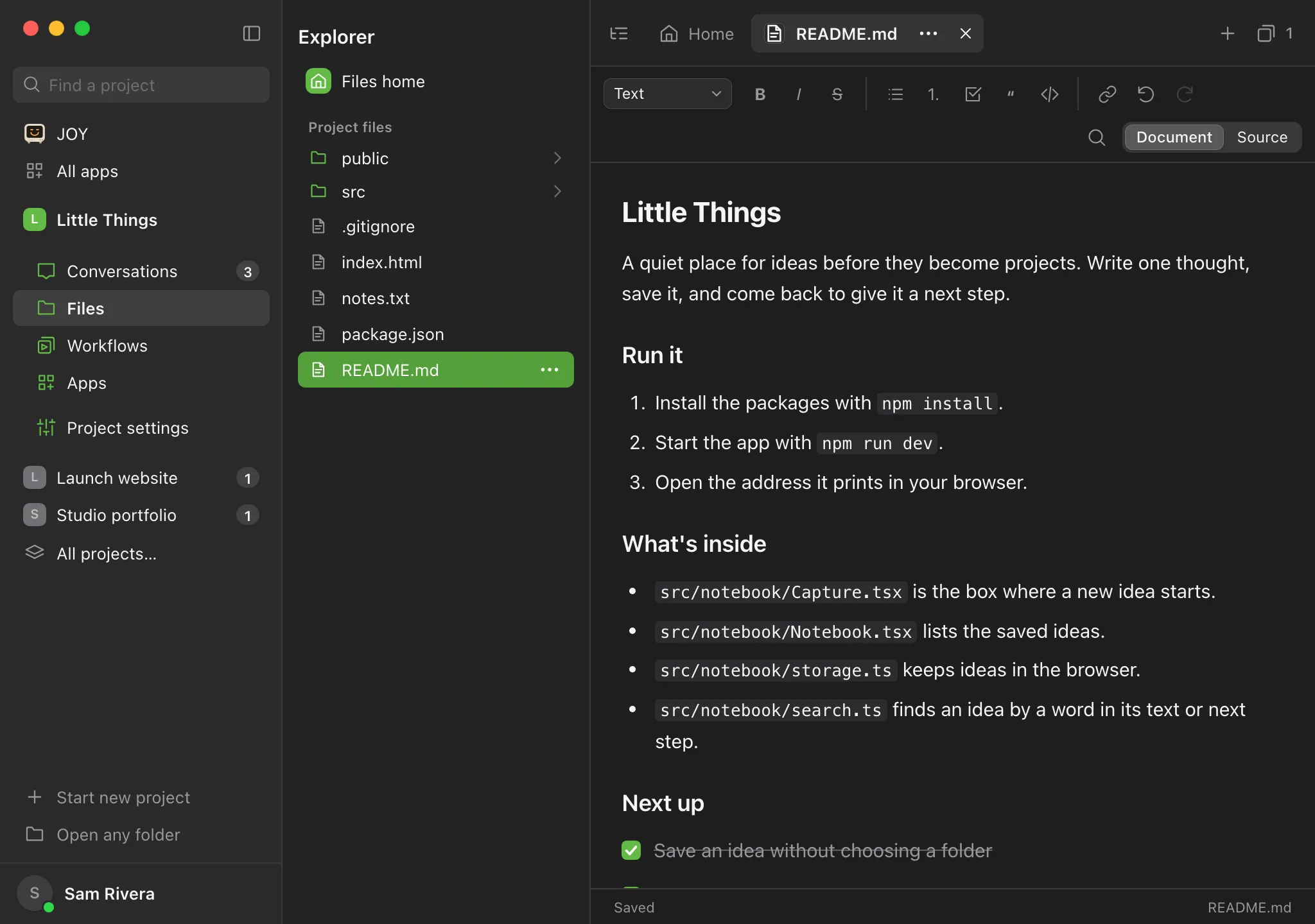 A Markdown file from the project folder open in its formatted view, with Document and Source at the top right. Highlighted: Source.