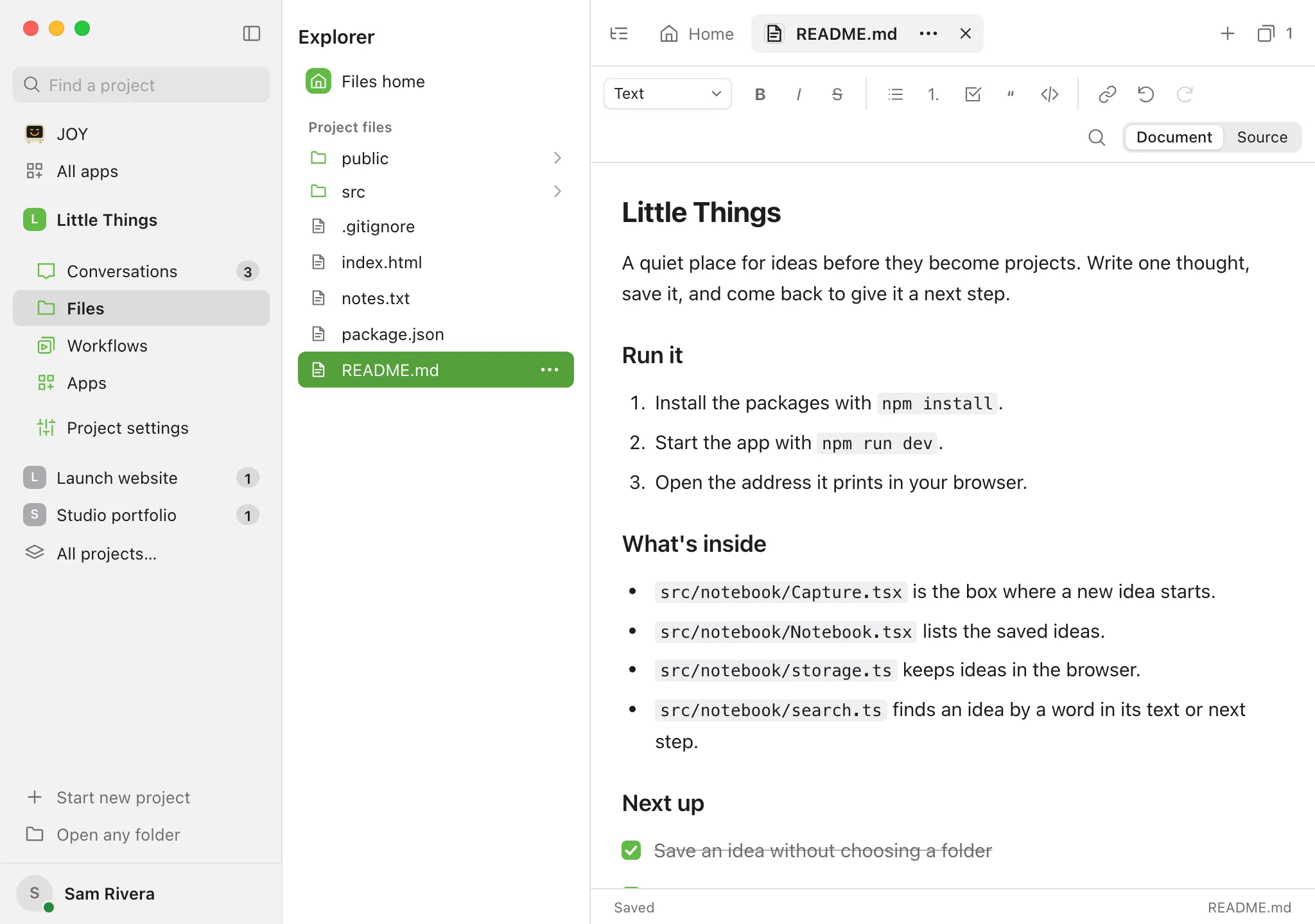 A Markdown file from the project folder open in its formatted view, with Document and Source at the top right. Highlighted: Source.