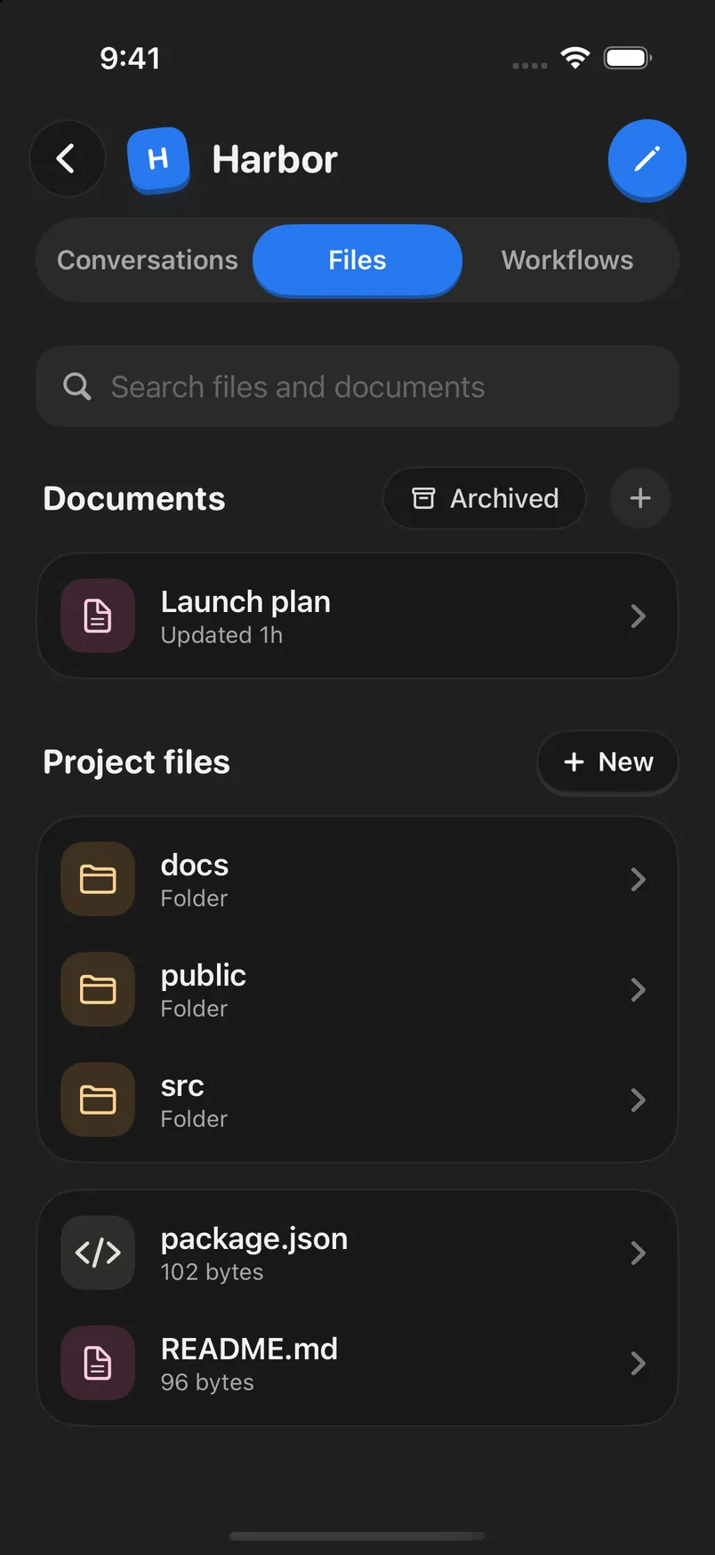 A project's Files tab, with Documents listed first and Project files below, and the search field at the top. Highlighted: Search files and documents.