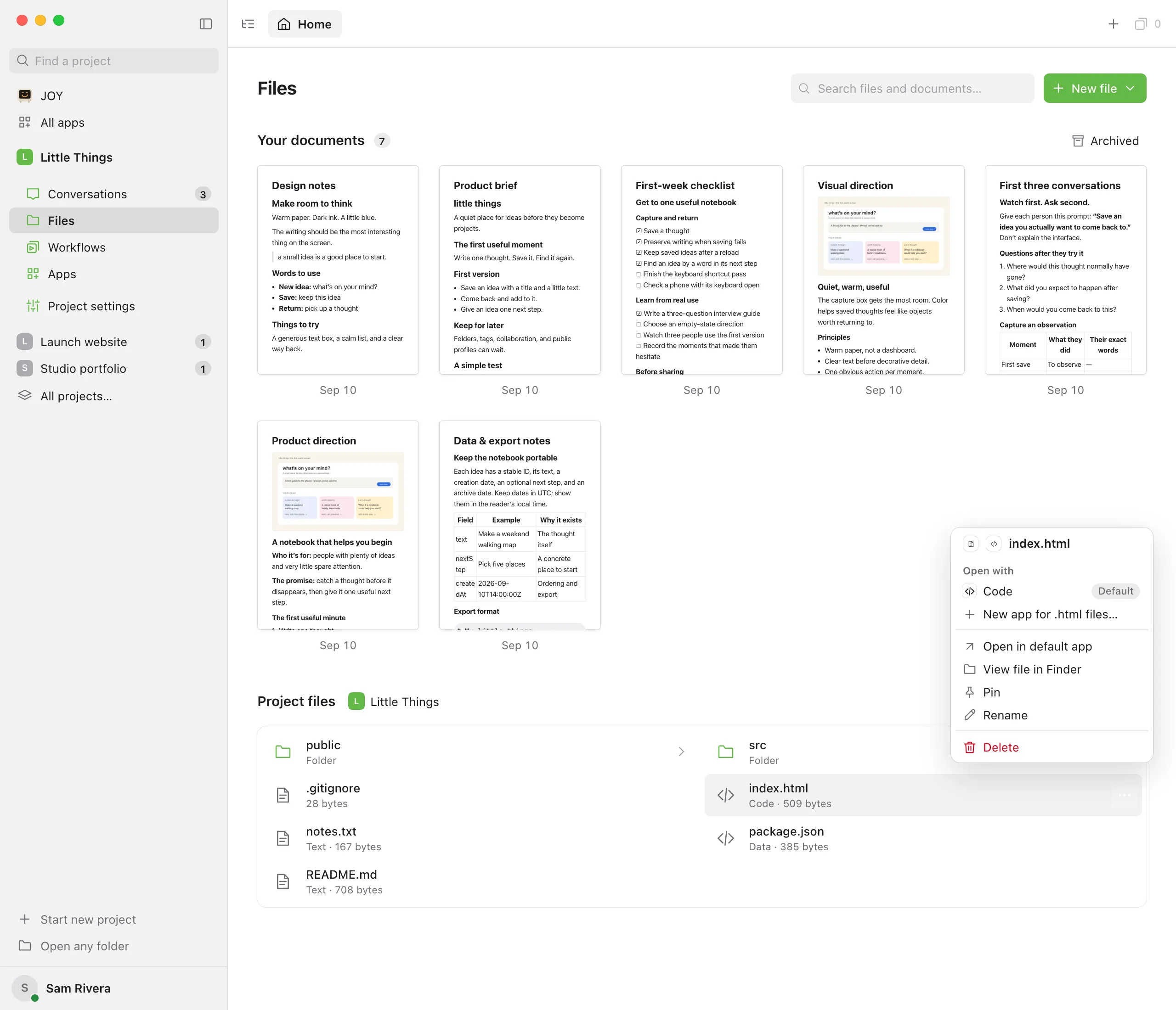 A project file's menu open, showing Open in default app and View file in Finder. Highlighted: Open in default app.