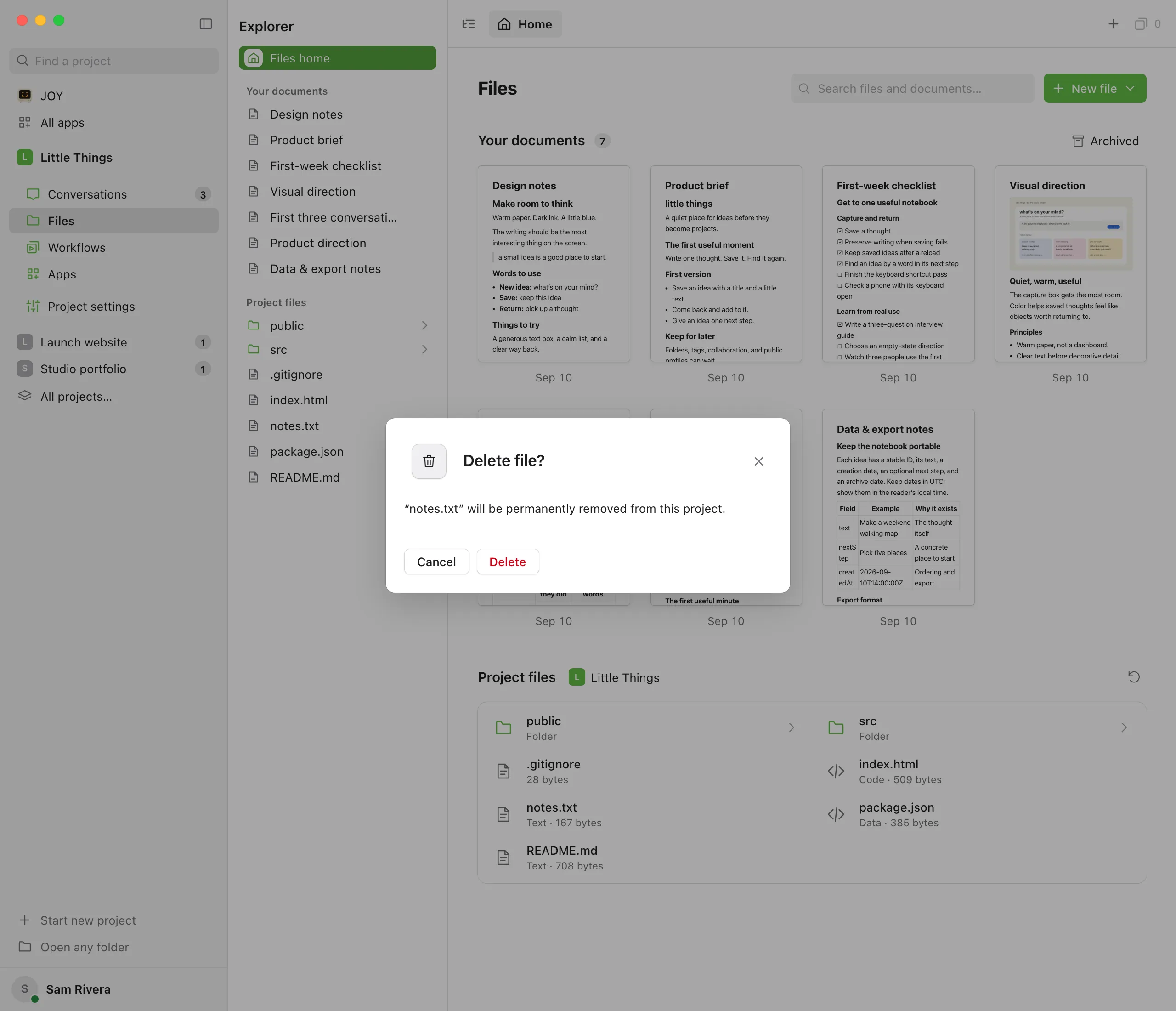 The Delete file dialog asking to confirm, with Cancel and Delete buttons. Highlighted: Delete.
