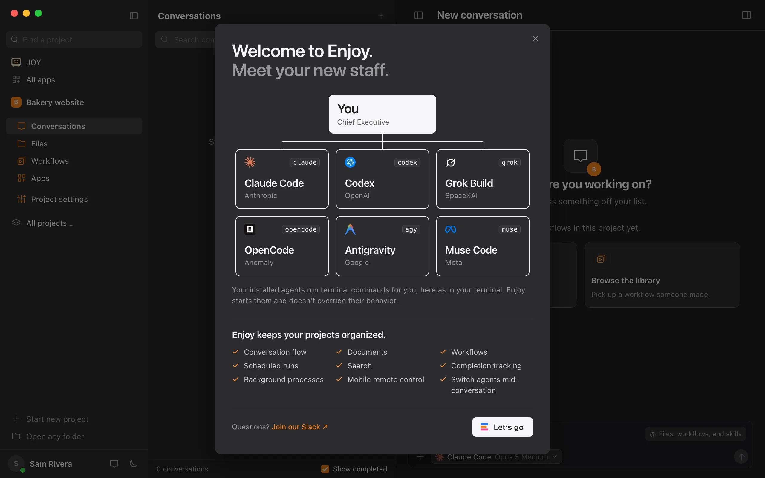 The Welcome to Enjoy. window over the new, empty Bakery website project: you above every agent Enjoy supports, as your staff. Highlighted: Let’s go.