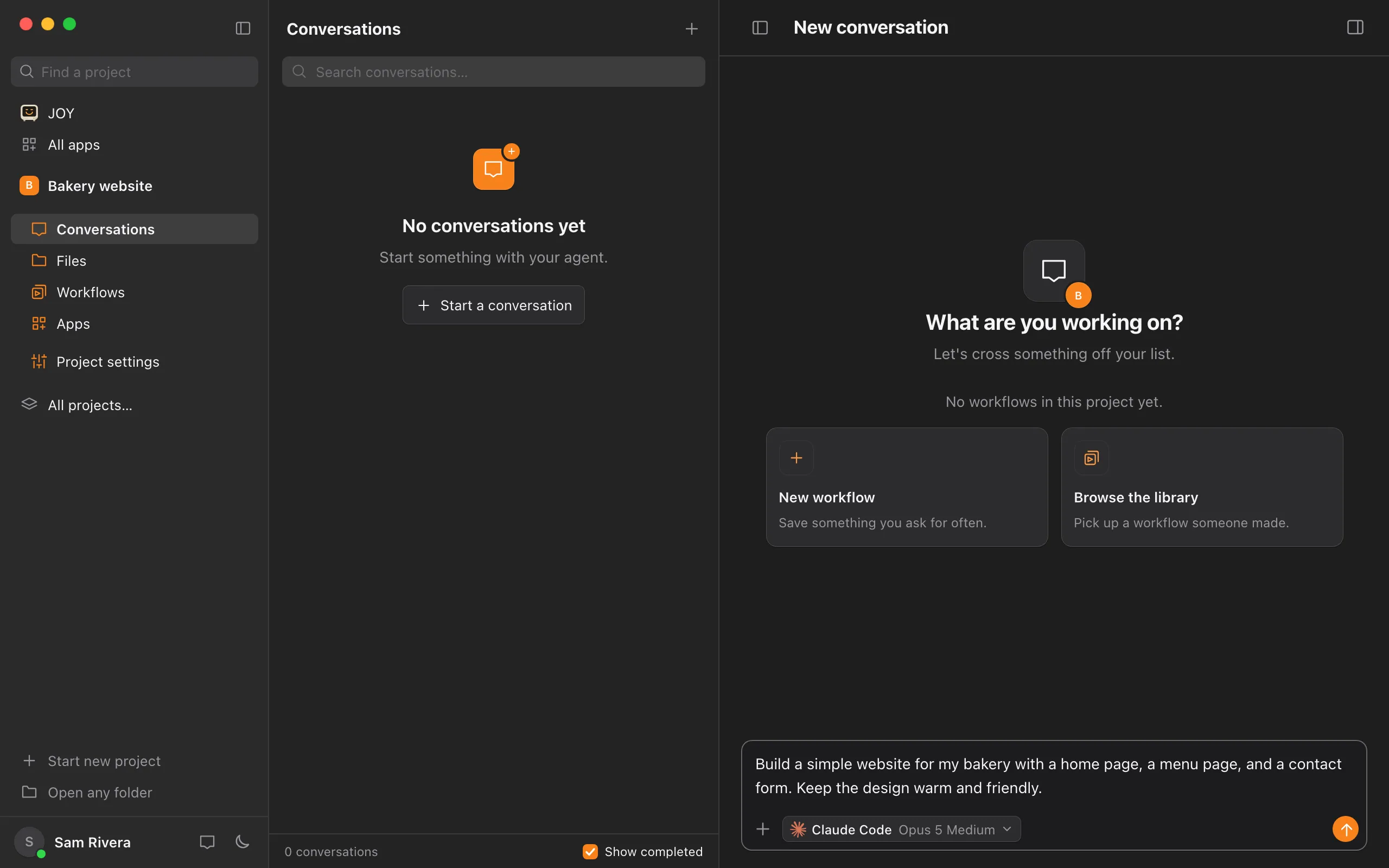 The new project’s empty conversation, headed What are you working on?, with a first message typed in the message box. Highlighted: Send message.