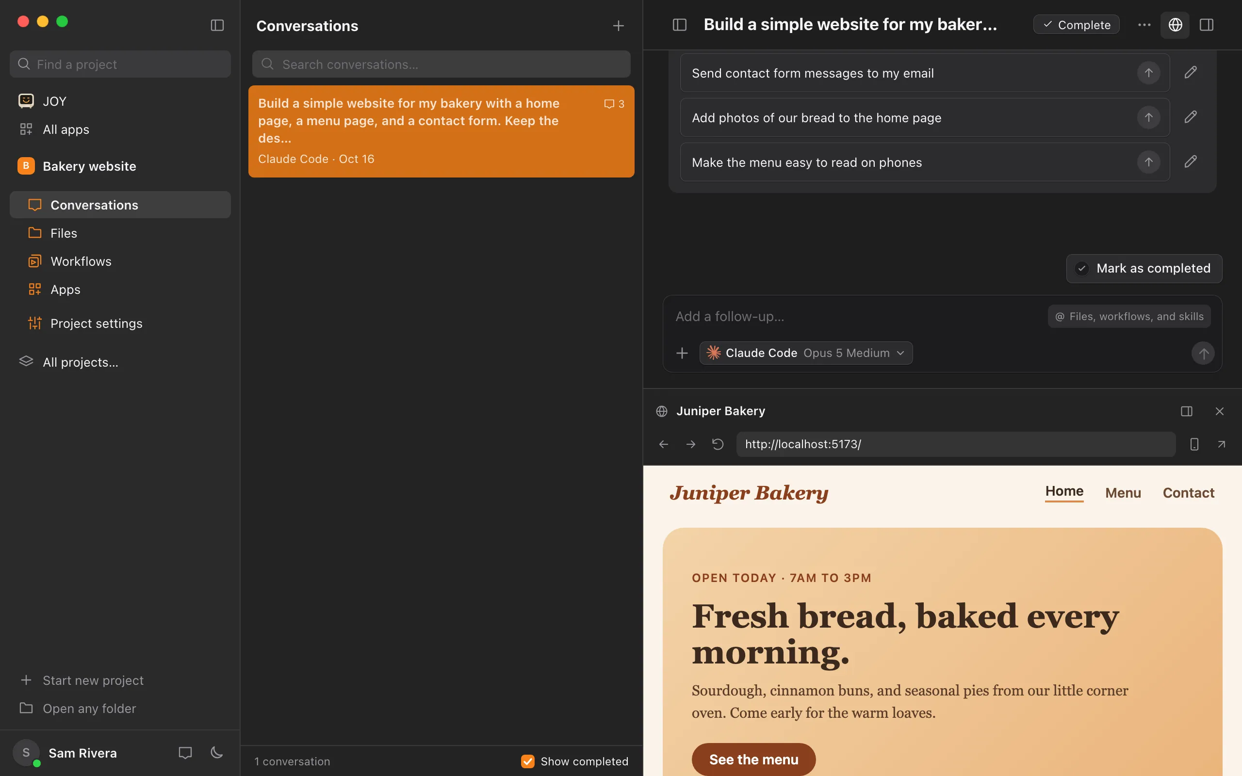 The conversation with the agent’s reply, and the bakery website open in the product browser beside it. Highlighted: Product browser.