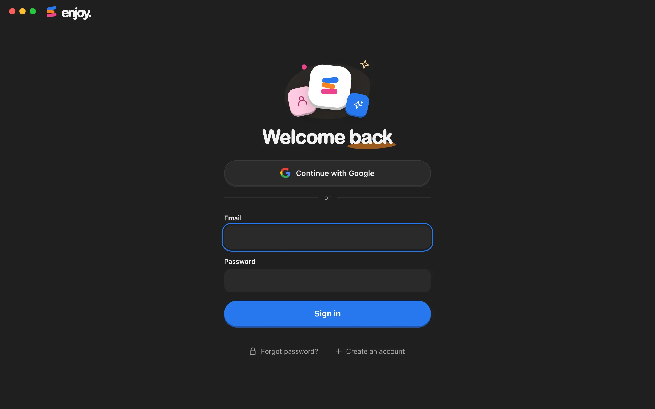 The Welcome back sign-in screen in the computer app, before any fields are filled in. Highlighted: Create an account.