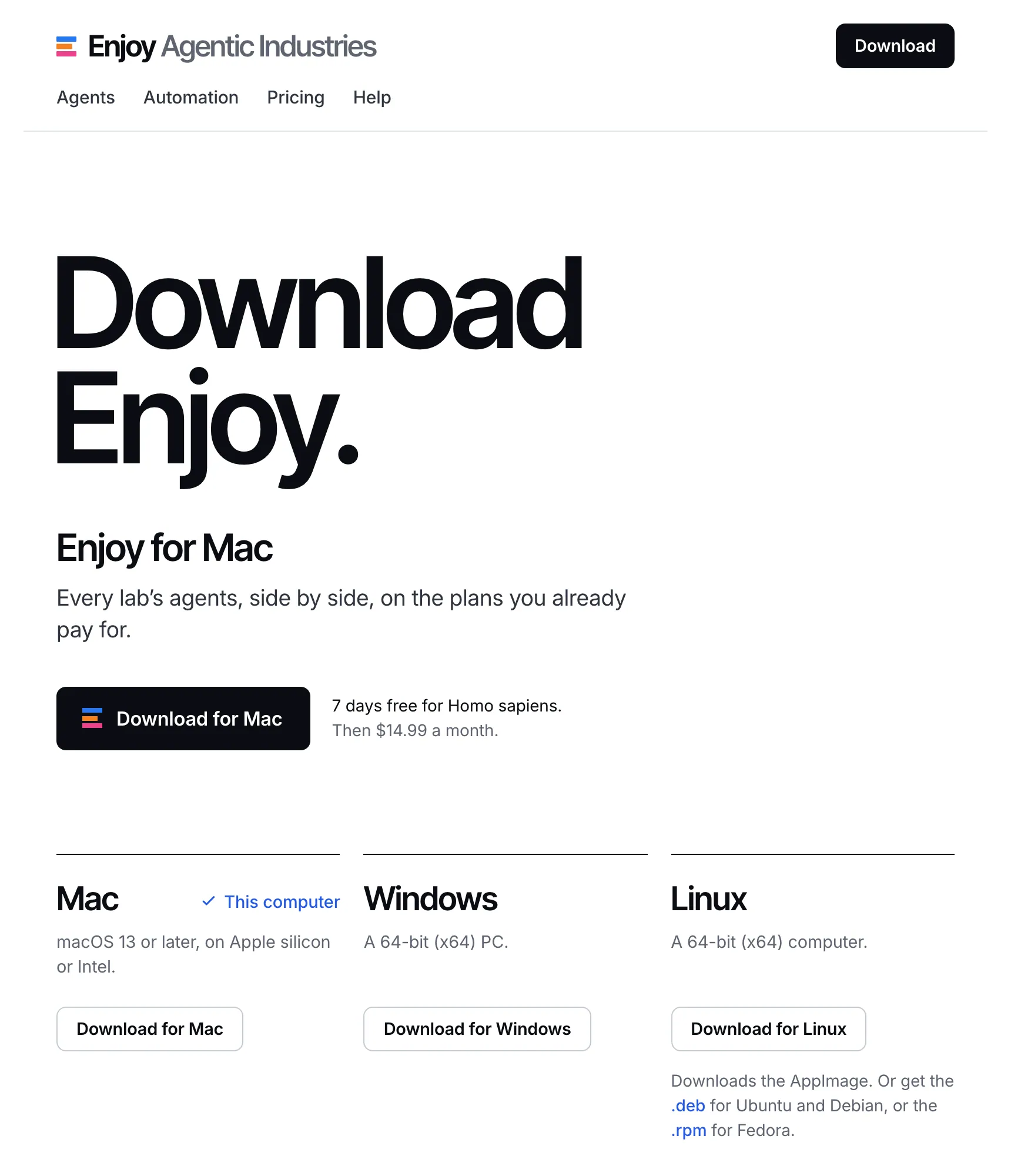 The download page at enjoy.dev/download, listing Mac, Windows, and Linux, each with its Download button. Highlighted: Download for Mac.
