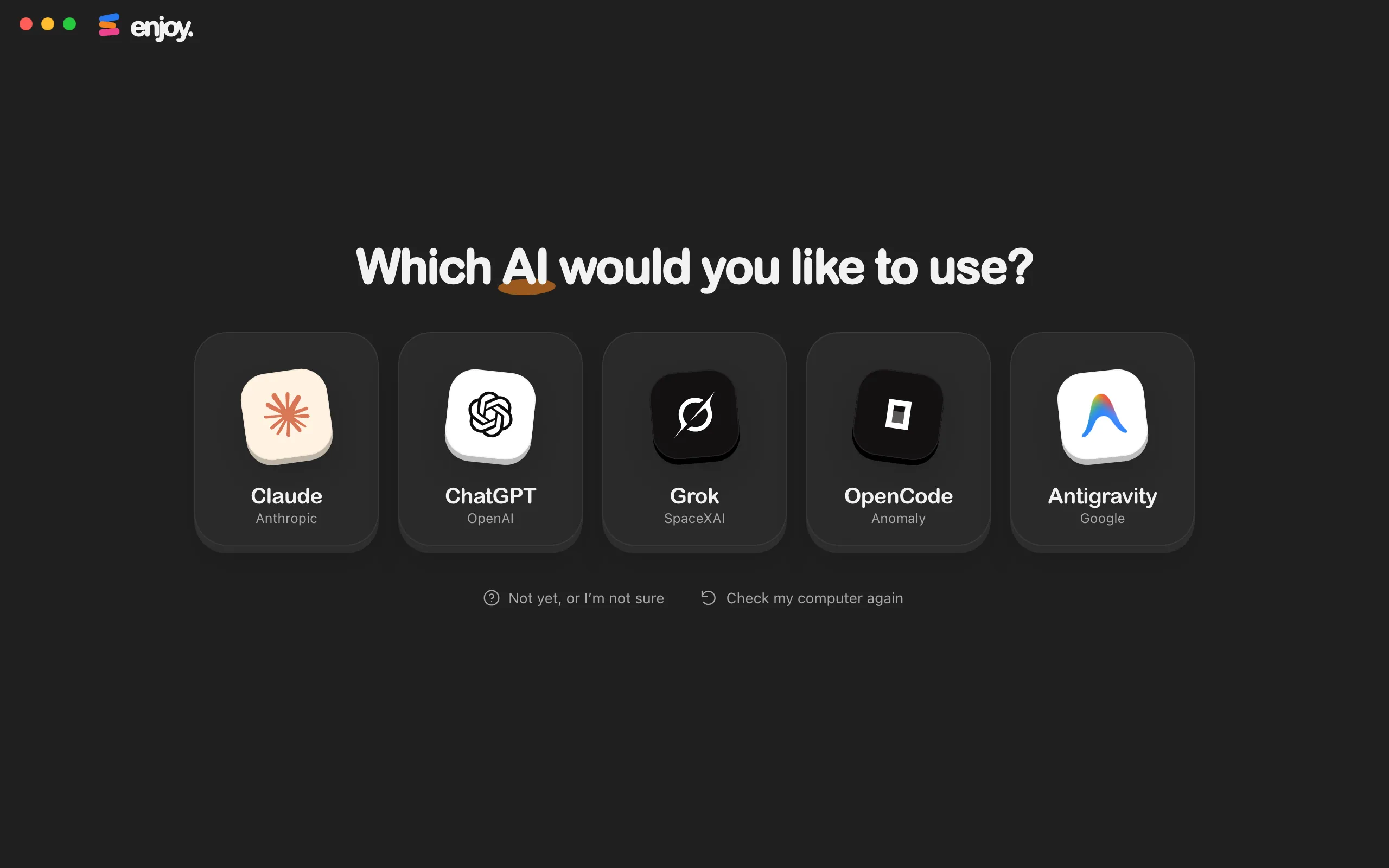 The screen titled Which AI would you like to use?, with keys for Claude, ChatGPT, Grok, OpenCode, and Antigravity. Highlighted: Claude.