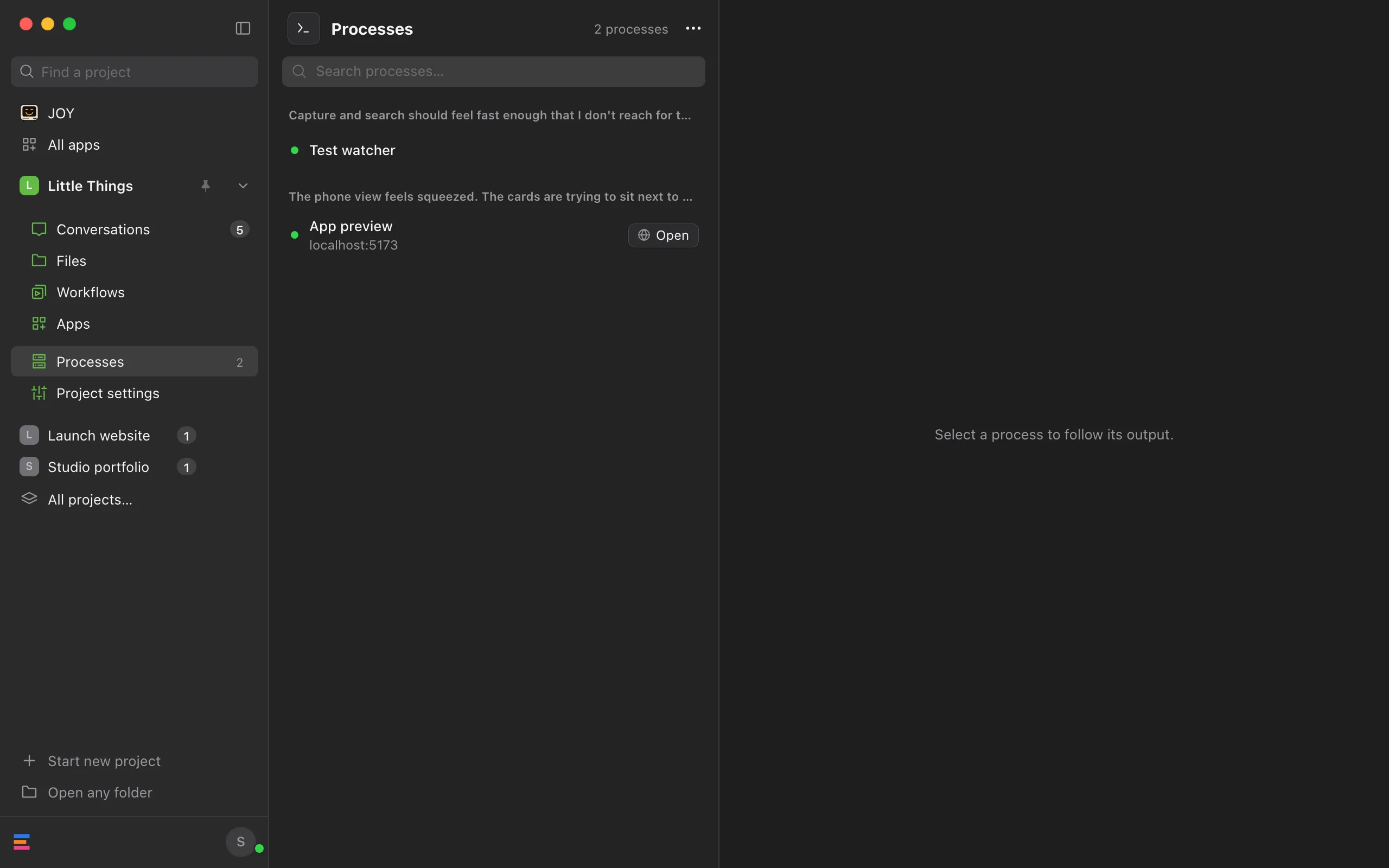 The Processes list with a running server under its conversation. Highlighted: Open.