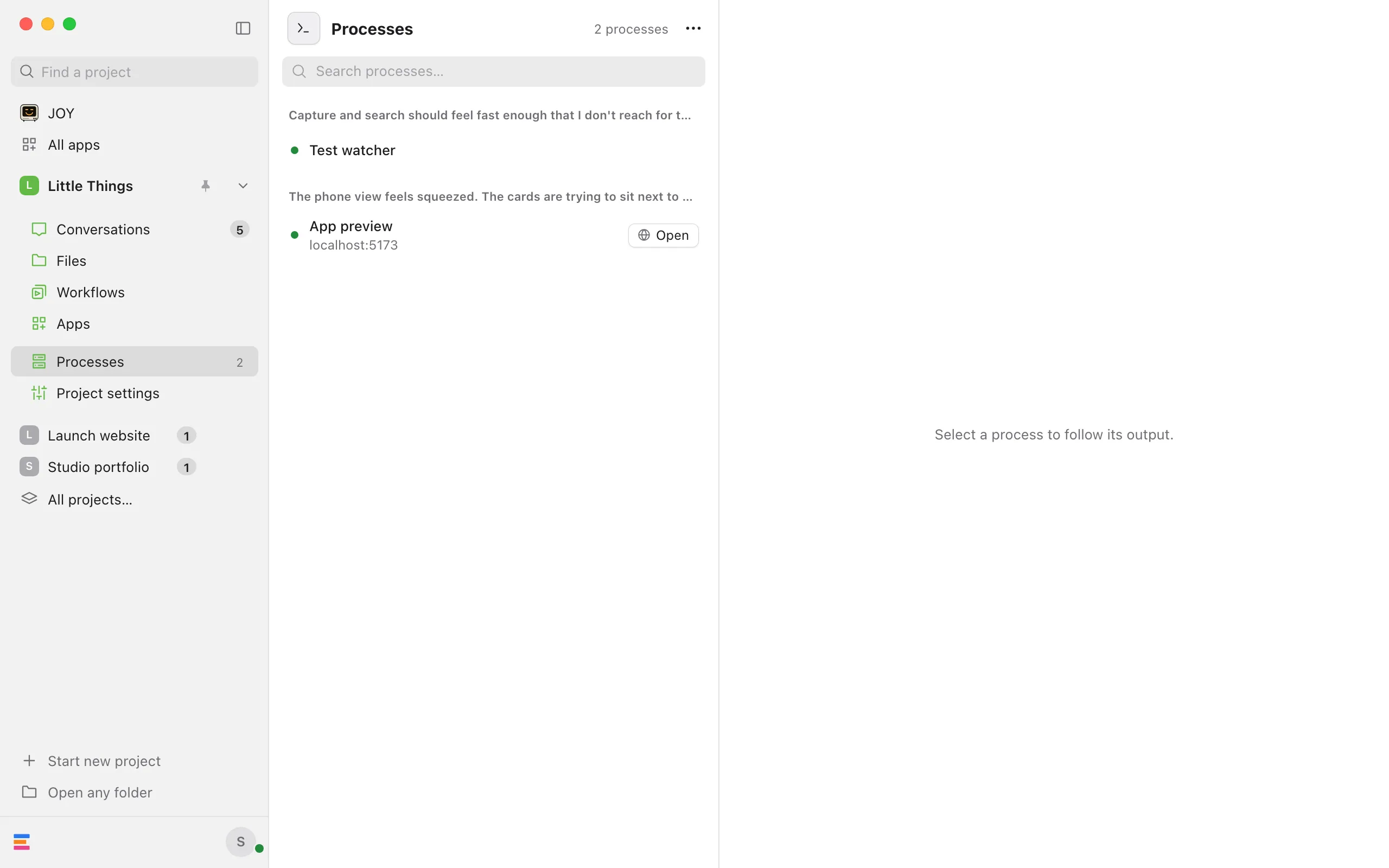 The Processes list with a running server under its conversation. Highlighted: Open.