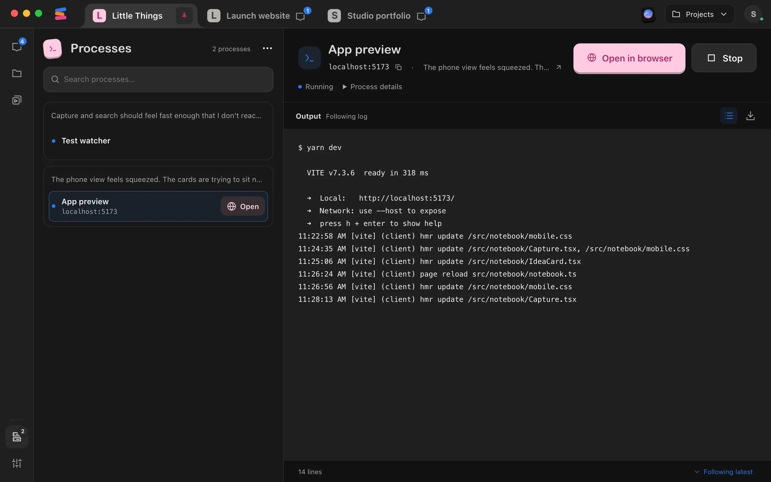 A running process's details in Processes. Highlighted: Stop.