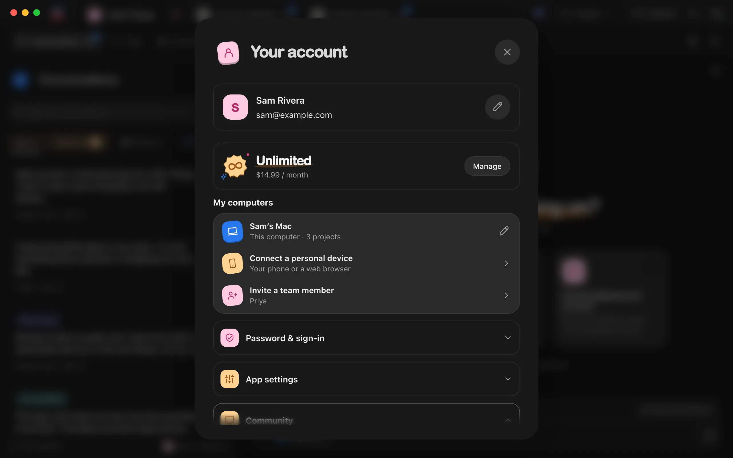 The Your account window, with App settings below Password & sign-in. Highlighted: App settings.