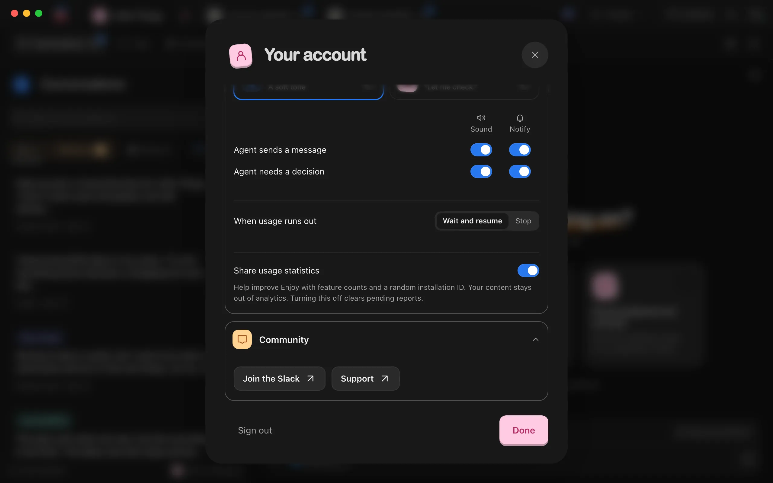 The Your account window with App settings open, showing the Share usage statistics switch, turned on, and its description. Highlighted: Share usage statistics.