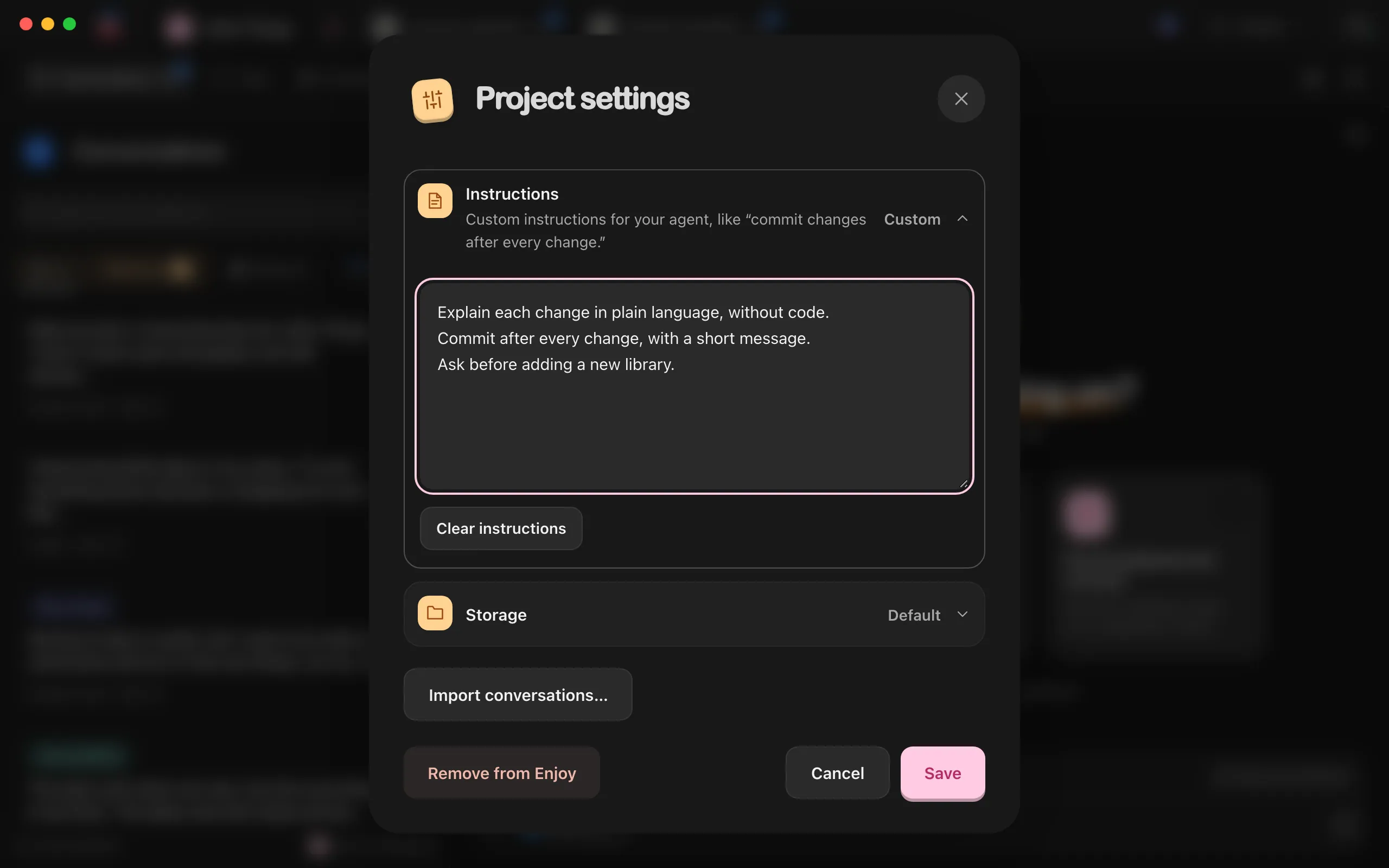 Project settings with the Instructions section expanded and some instructions typed in the box. Highlighted: Instructions.