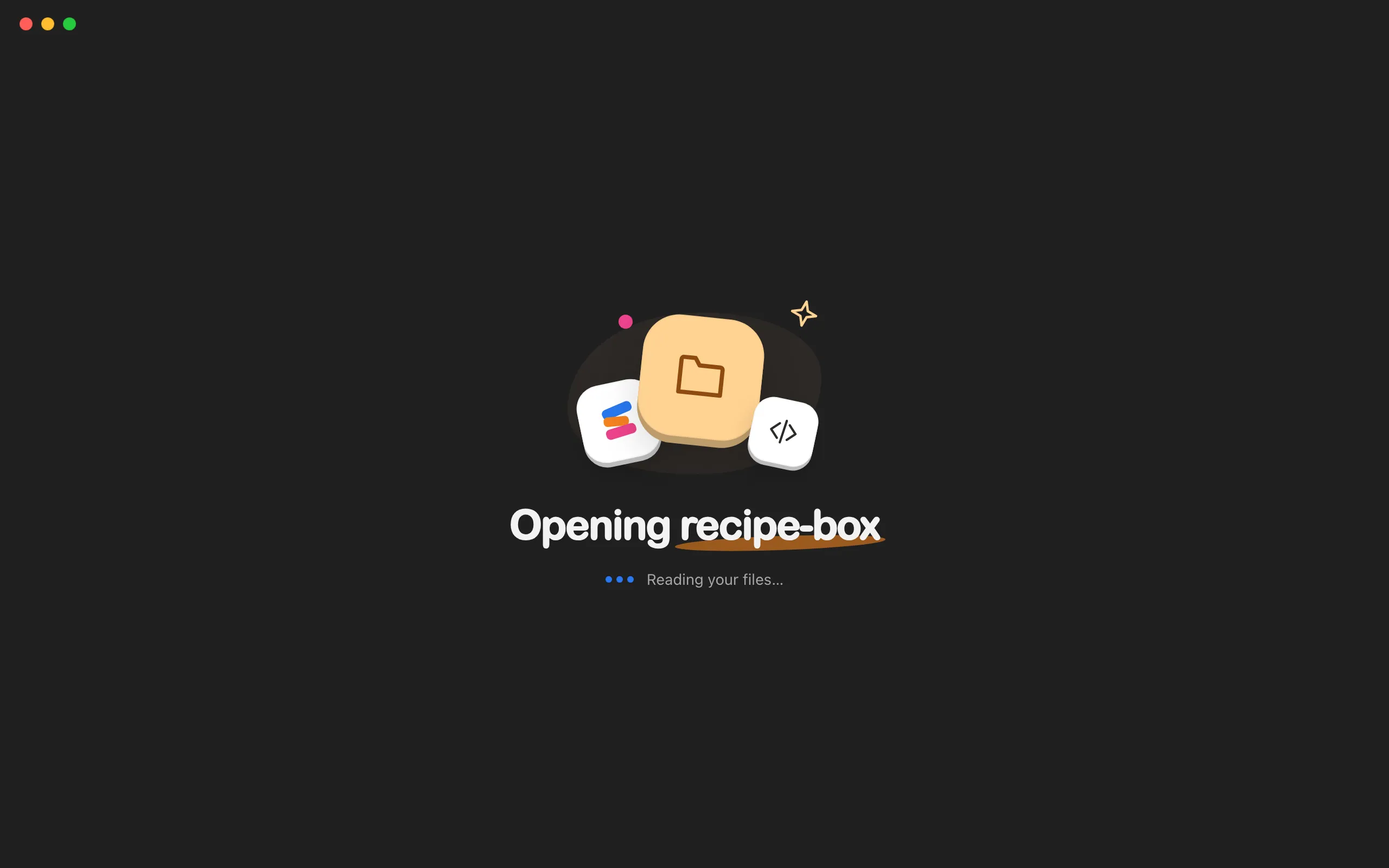 The Opening window that covers Enjoy while it reads a newly chosen folder, here recipe-box. Highlighted: Reading your files….