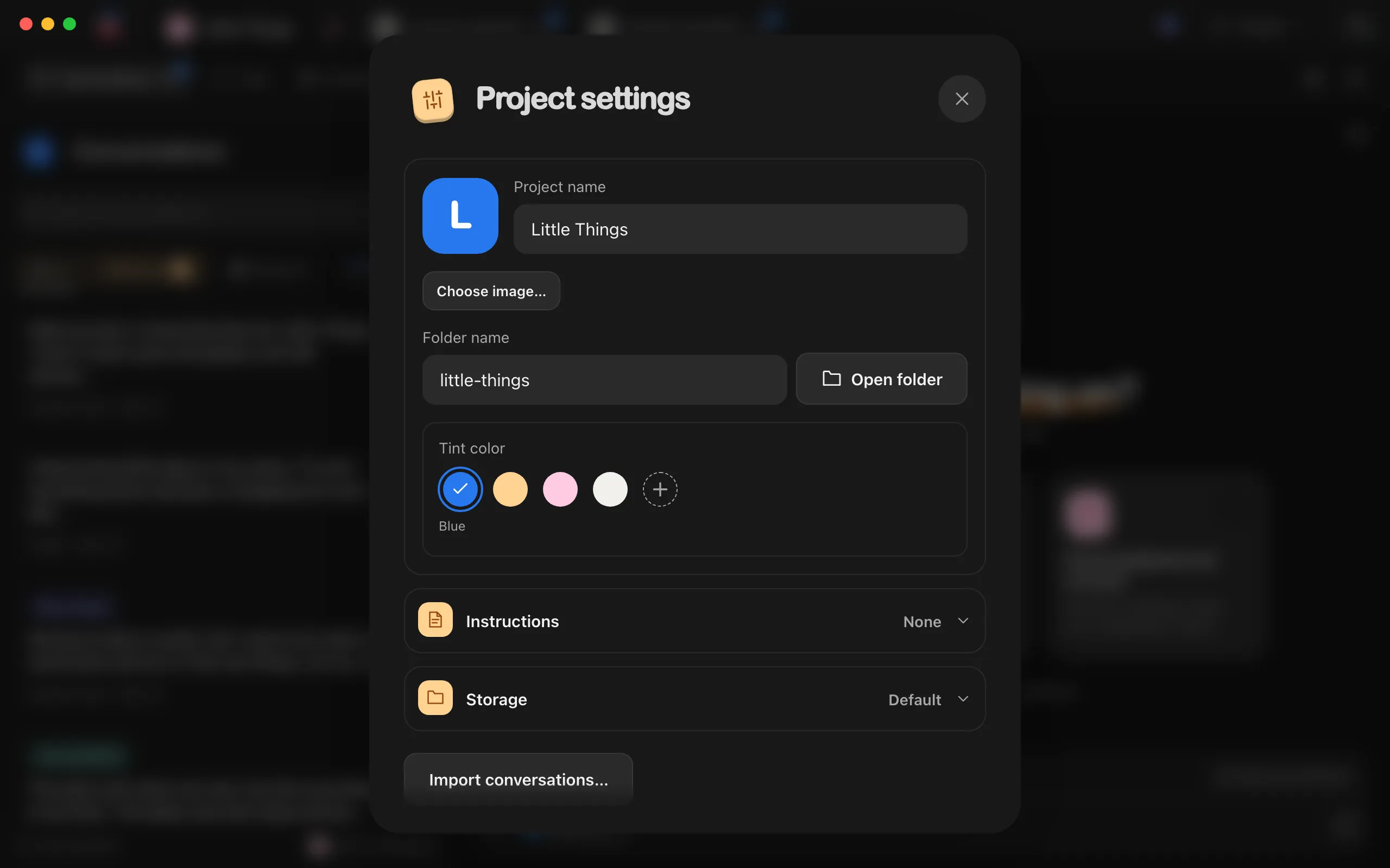 Project settings with Blue chosen under Tint color: the project’s icon beside its name, the swatches, and the color’s name below them. Highlighted: Tint color.