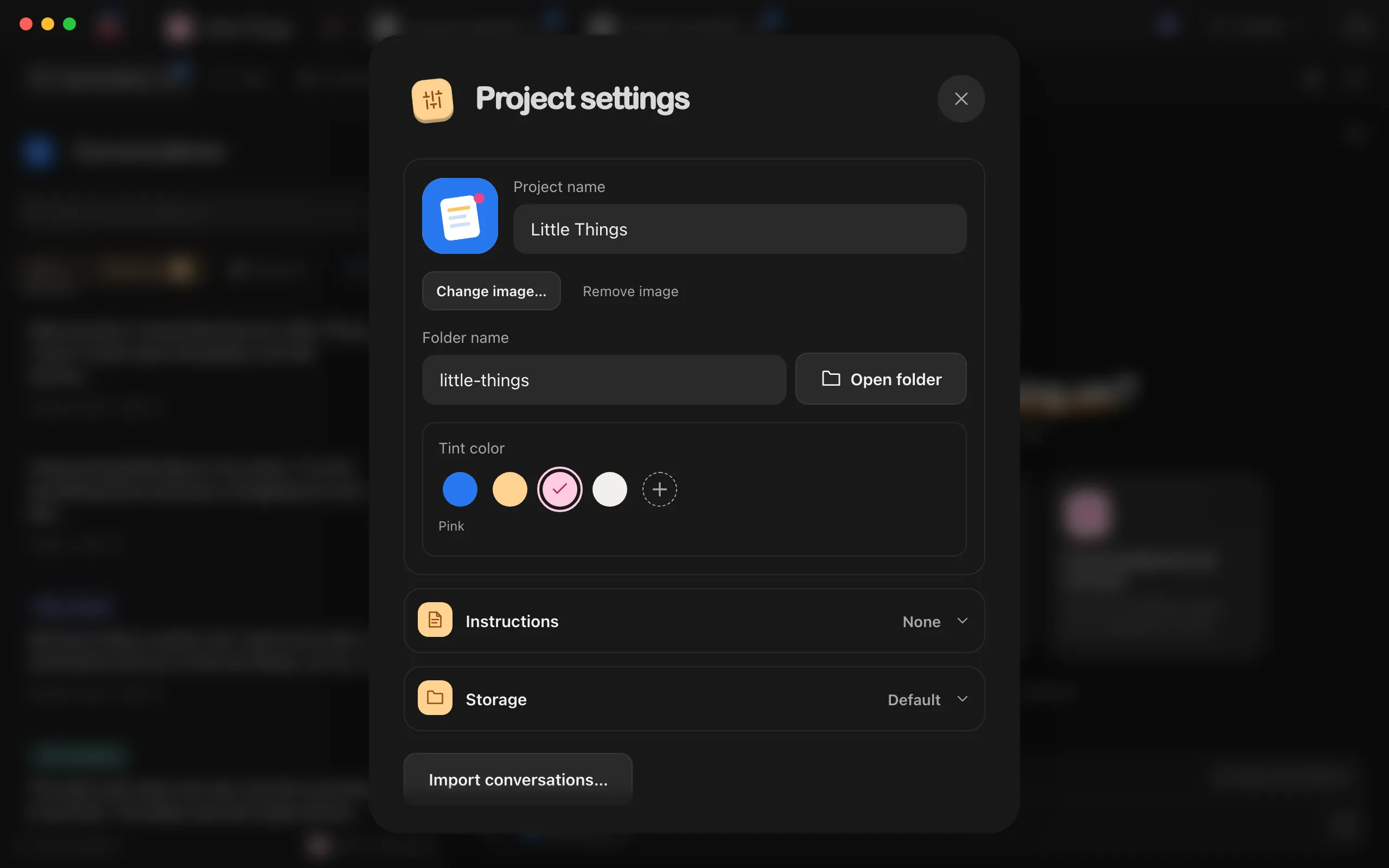 Project settings with a new image showing in the project's icon preview. Highlighted: Change image….