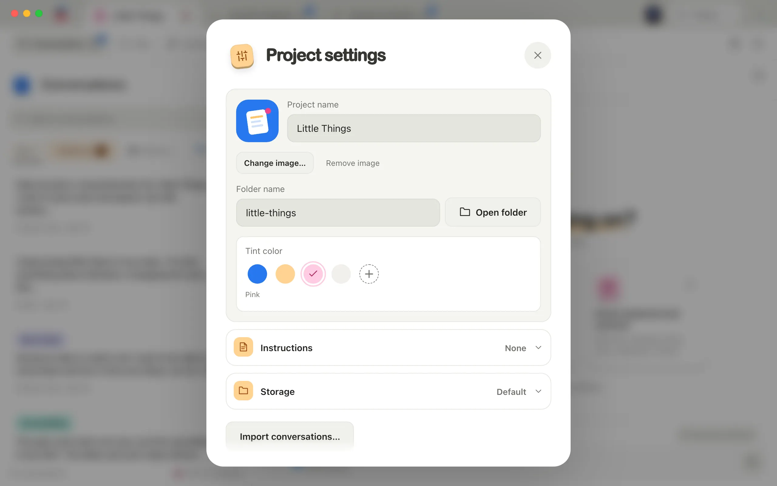 Project settings with a new image showing in the project's icon preview. Highlighted: Change image….