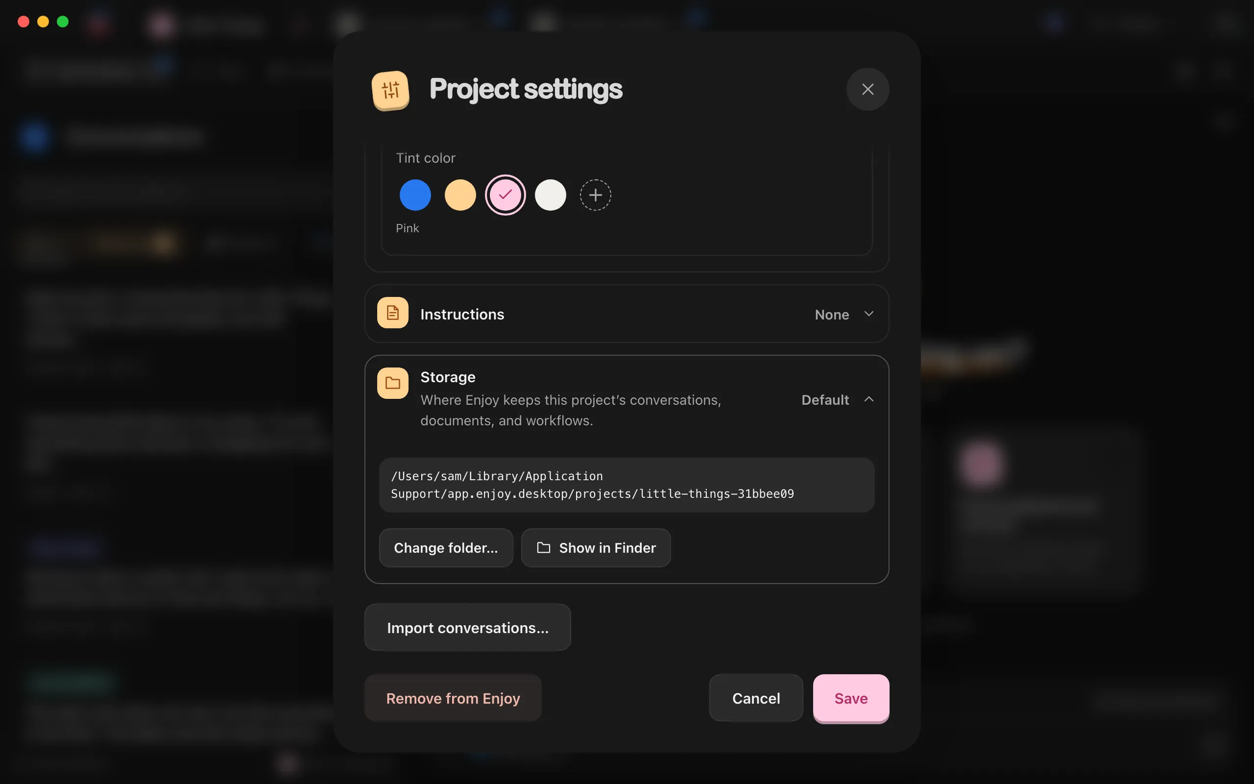 Project settings with the Storage section expanded, showing Default and the folder's location. Highlighted: Storage.