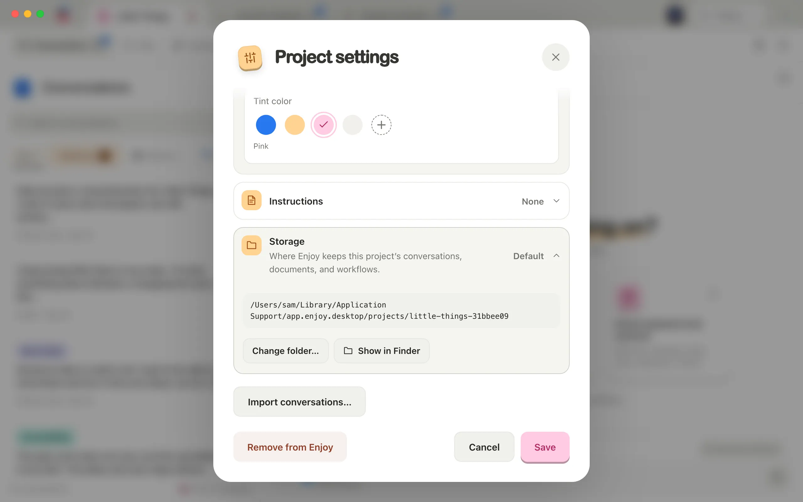 Project settings with the Storage section expanded, showing Default and the folder's location. Highlighted: Storage.