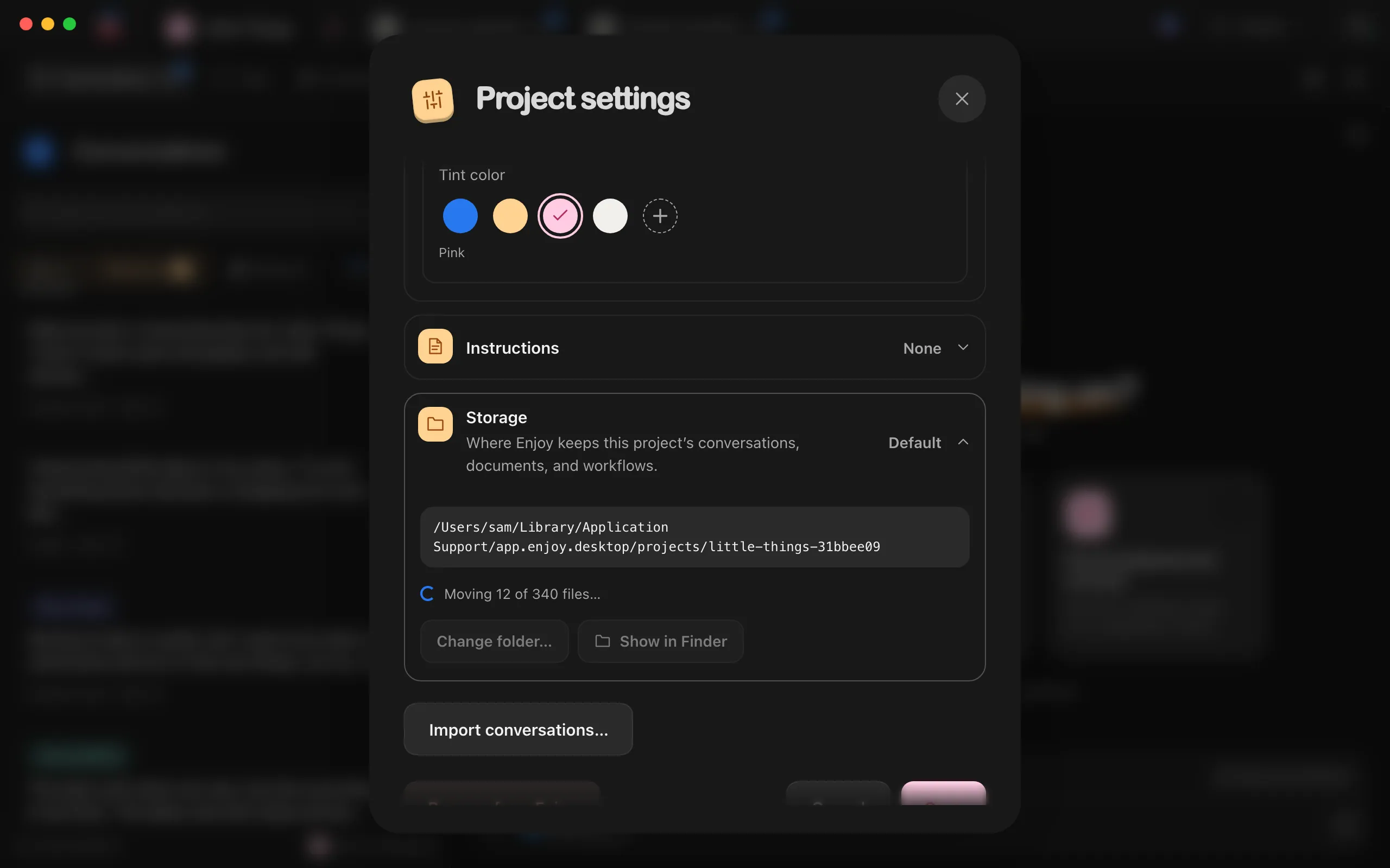 Storage in Project settings while the project’s Enjoy files move to the new folder. Highlighted: Moving 12 of 340 files….