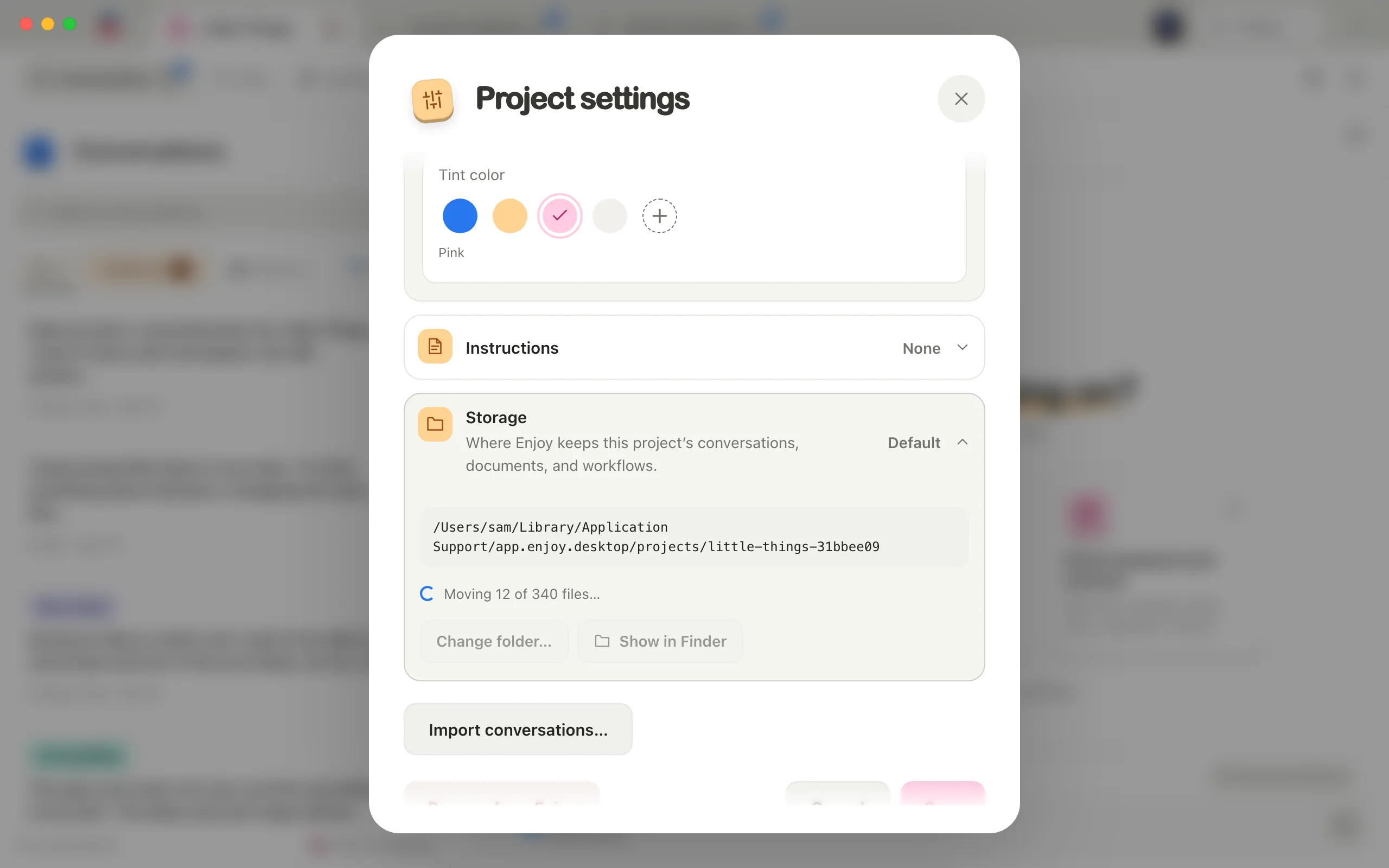 Storage in Project settings while the project’s Enjoy files move to the new folder. Highlighted: Moving 12 of 340 files….