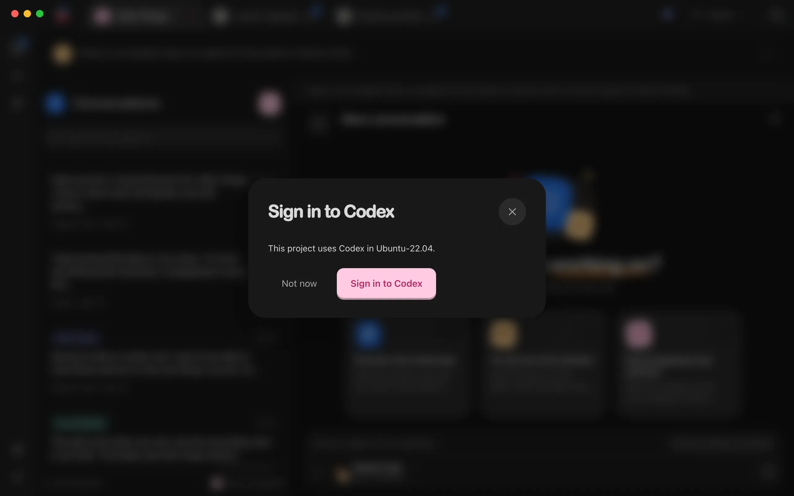 The window Sign in to Codex, for Little Things inside Ubuntu-22.04. It says This project uses Codex in Ubuntu-22.04, with Not now and Sign in to Codex. Highlighted: Sign in to Codex.
