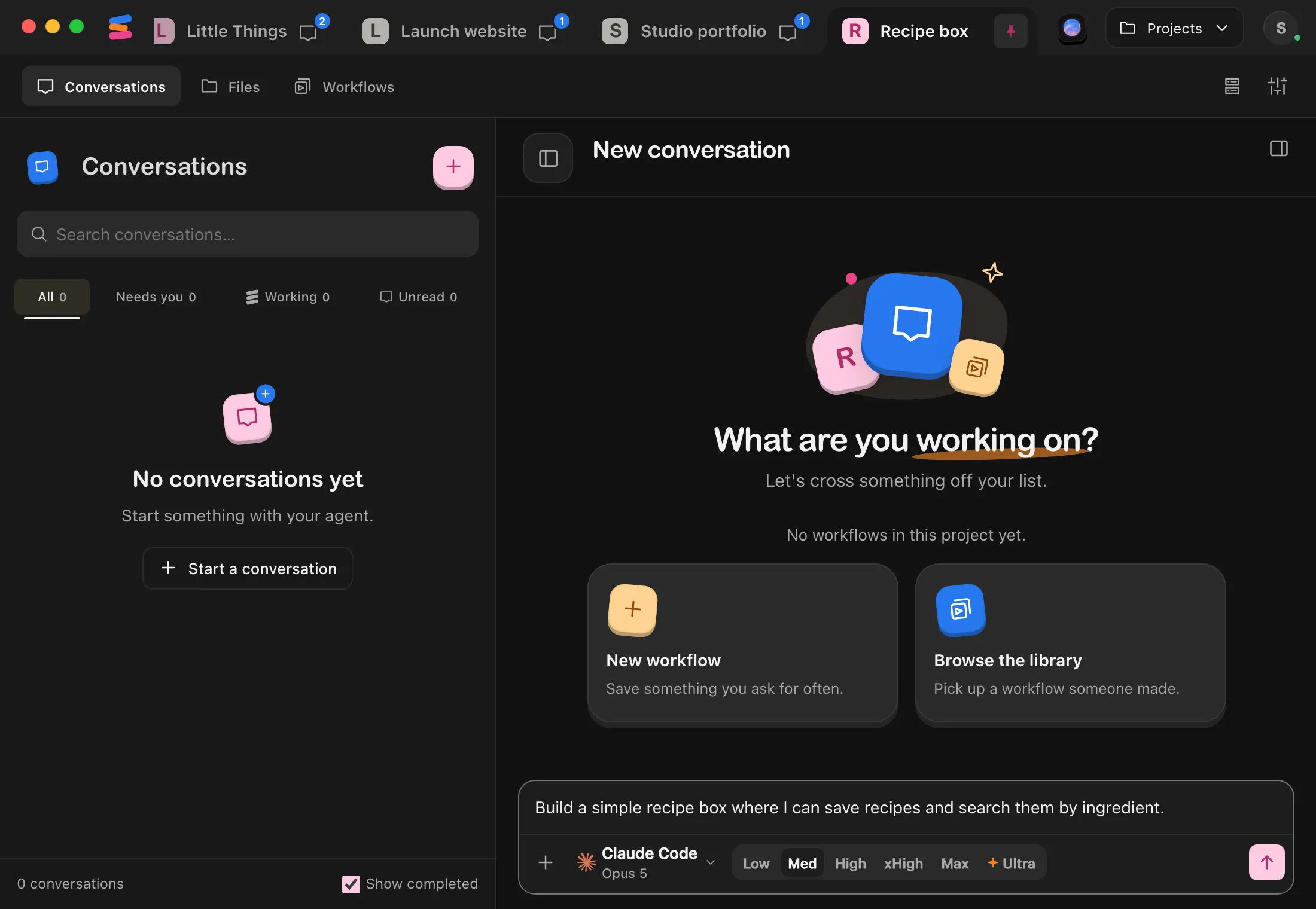 The new project, Recipe box, open on a new conversation, with its tab at the top and a first message typed in the message box. Highlighted: The message box.