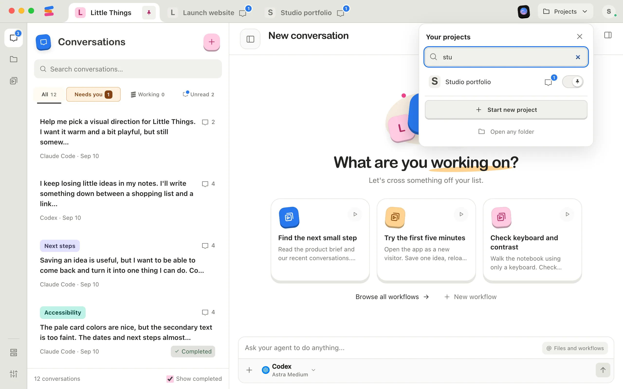 The Projects menu, titled Your projects, with “stu” typed in the search box and Studio portfolio the one match. Highlighted: Find a project….
