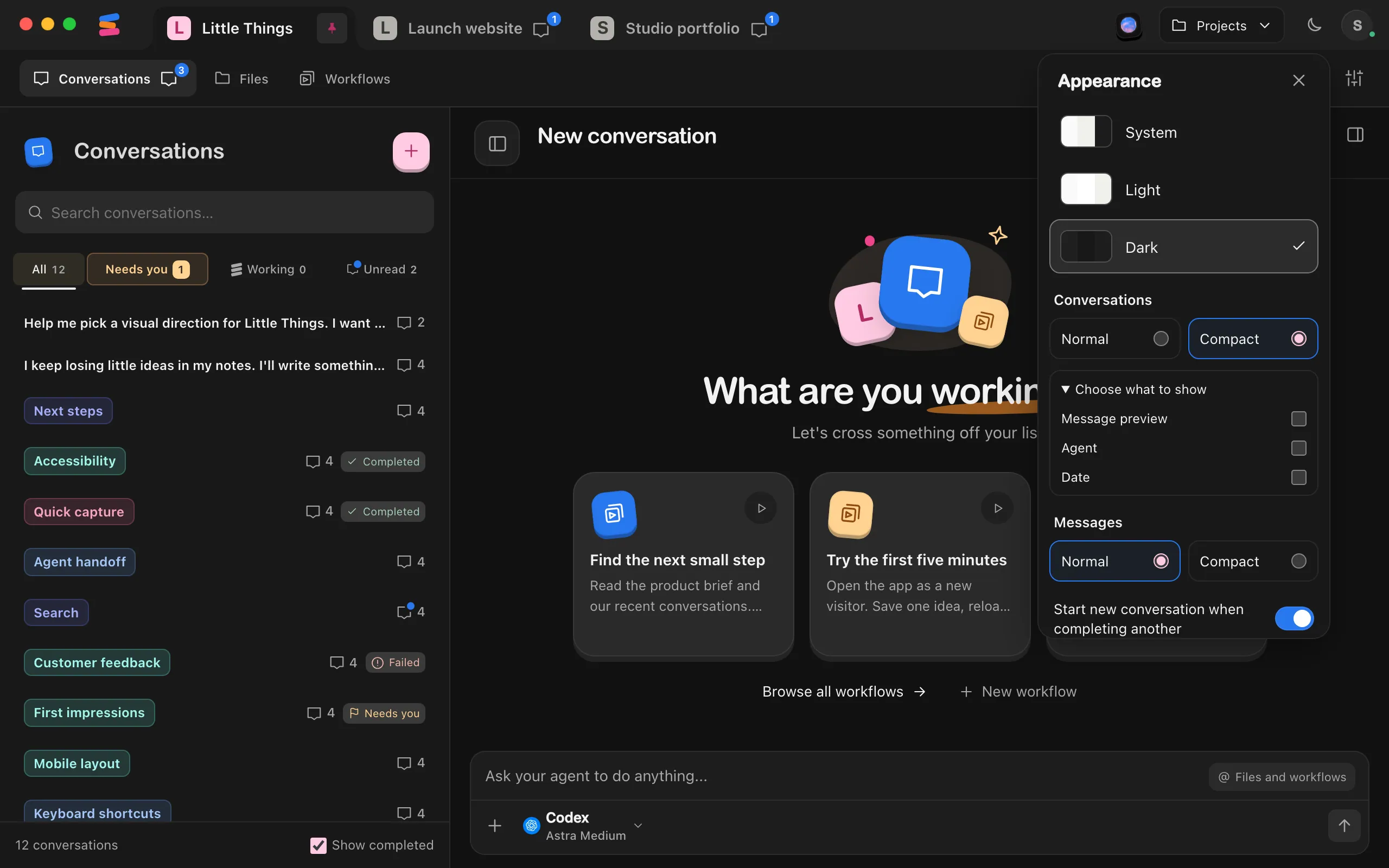 The Appearance popover with Compact selected under Conversations, and Choose what to show expanded with Message preview, Agent and Date unchecked. Highlighted: Compact under Conversations.