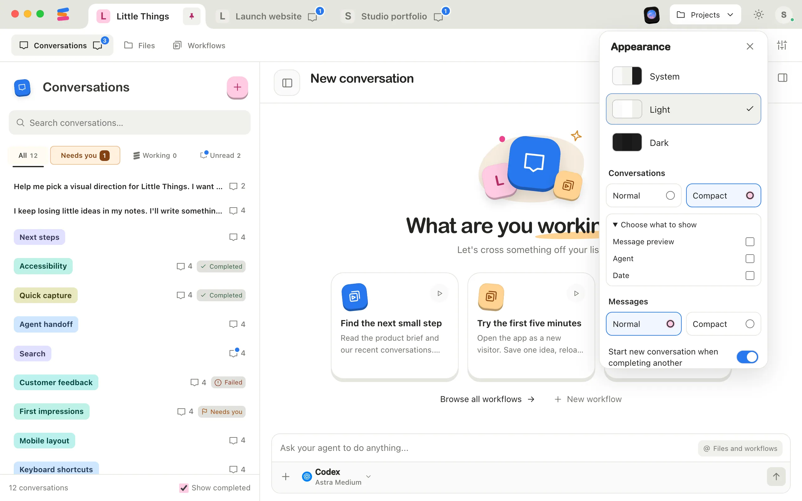 The Appearance popover with Compact selected under Conversations, and Choose what to show expanded with Message preview, Agent and Date unchecked. Highlighted: Compact under Conversations.