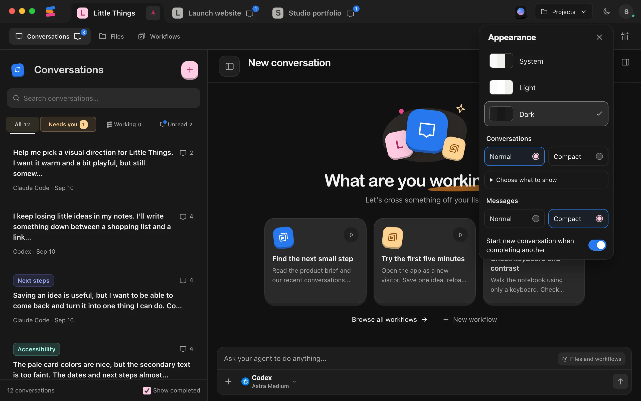 The Appearance popover with Compact selected under Messages. Highlighted: Compact under Messages.