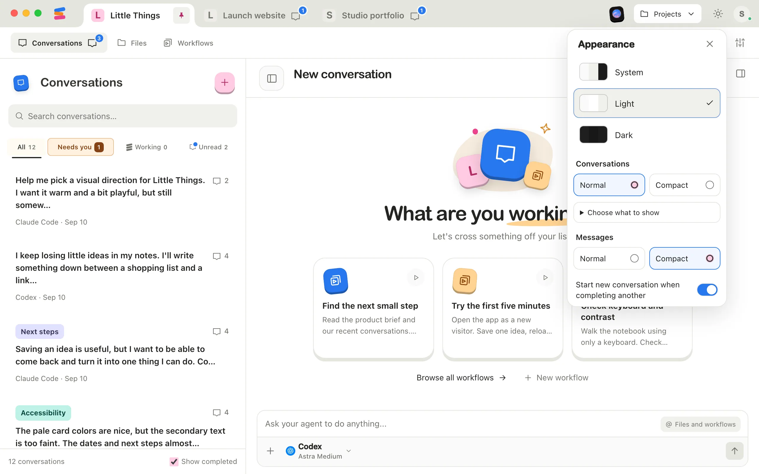 The Appearance popover with Compact selected under Messages. Highlighted: Compact under Messages.