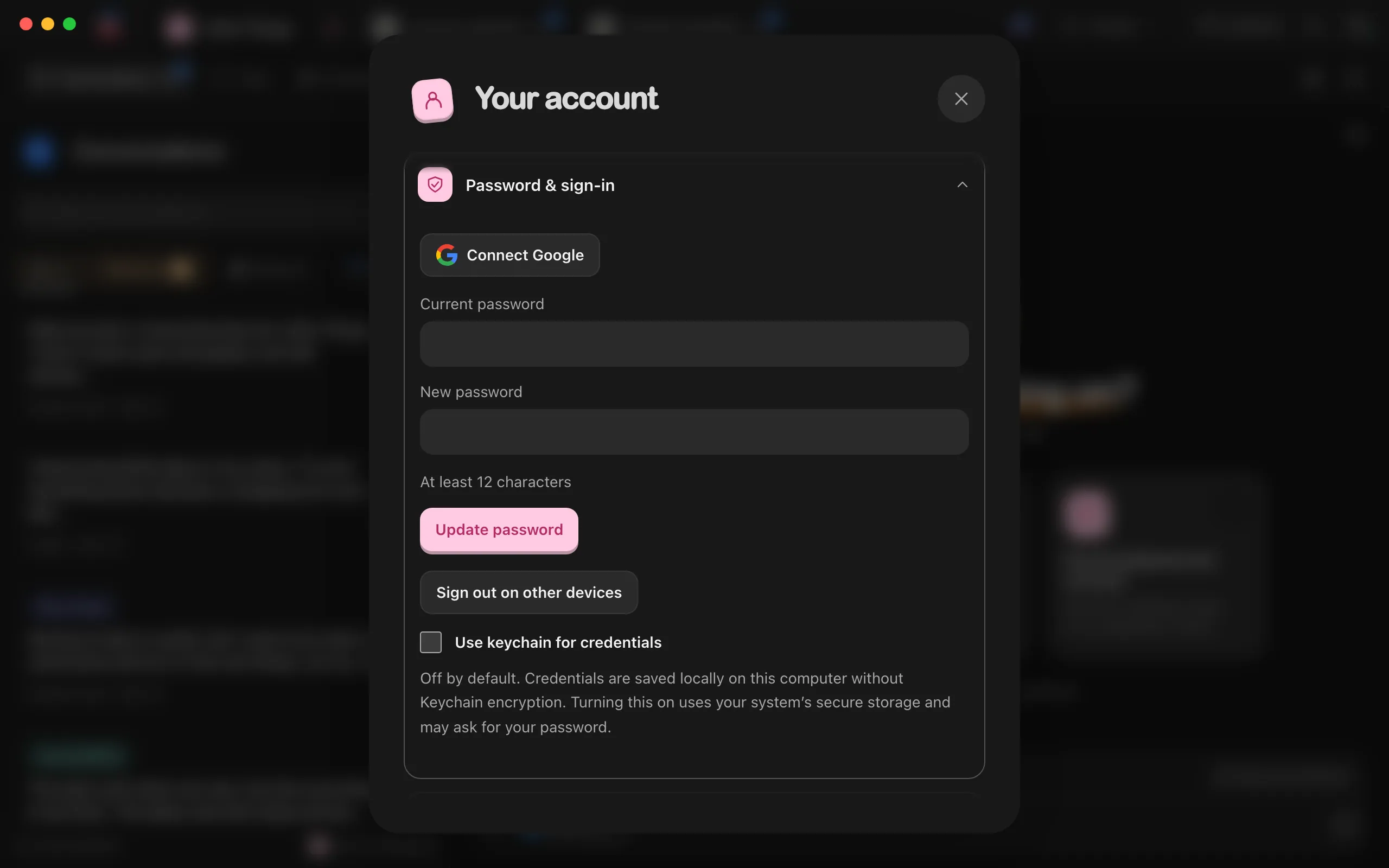 The Your account window with Password & sign-in expanded, scrolled to the bottom of the section. Highlighted: Use keychain for credentials.
