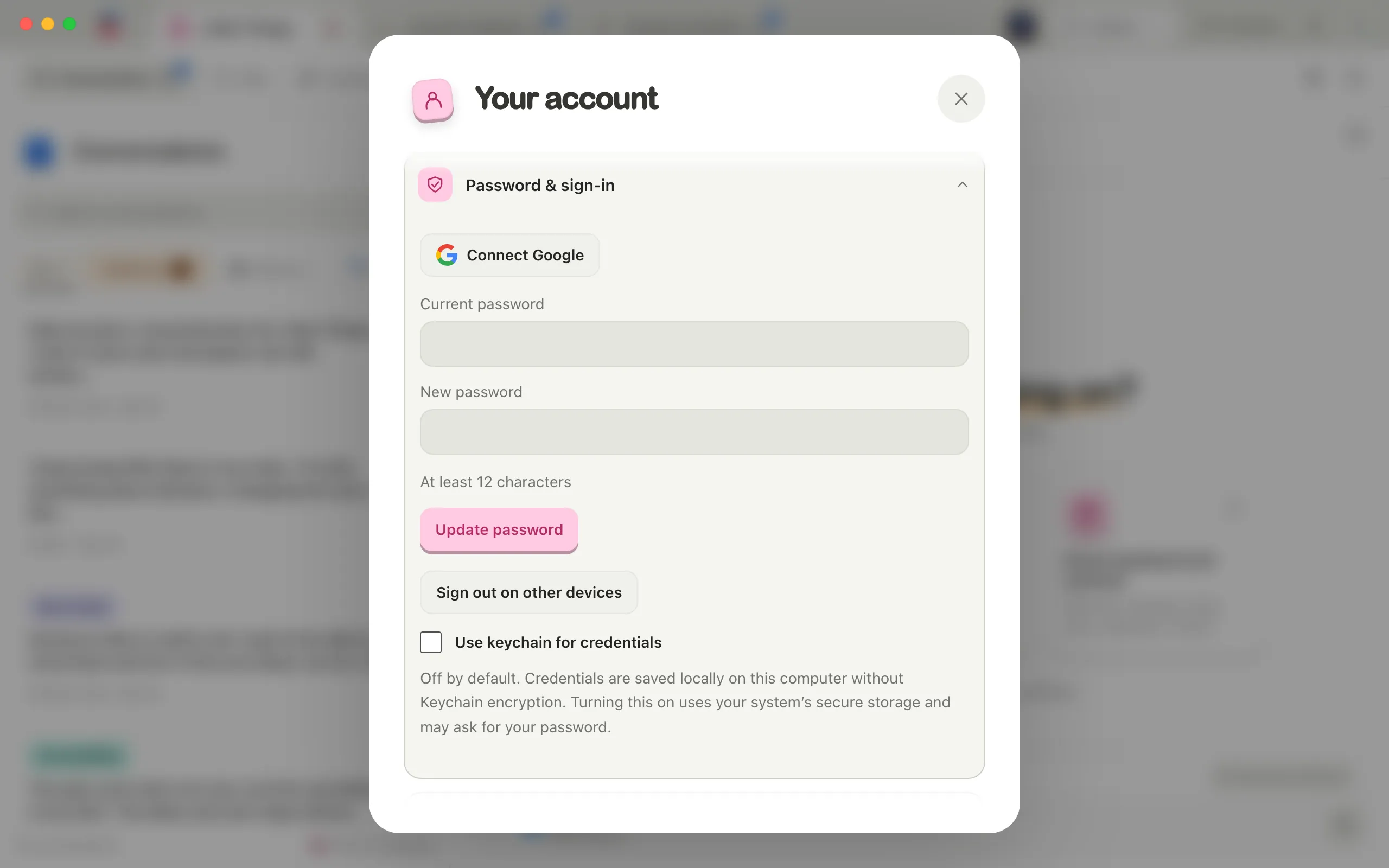 The Your account window with Password & sign-in expanded, scrolled to the bottom of the section. Highlighted: Use keychain for credentials.