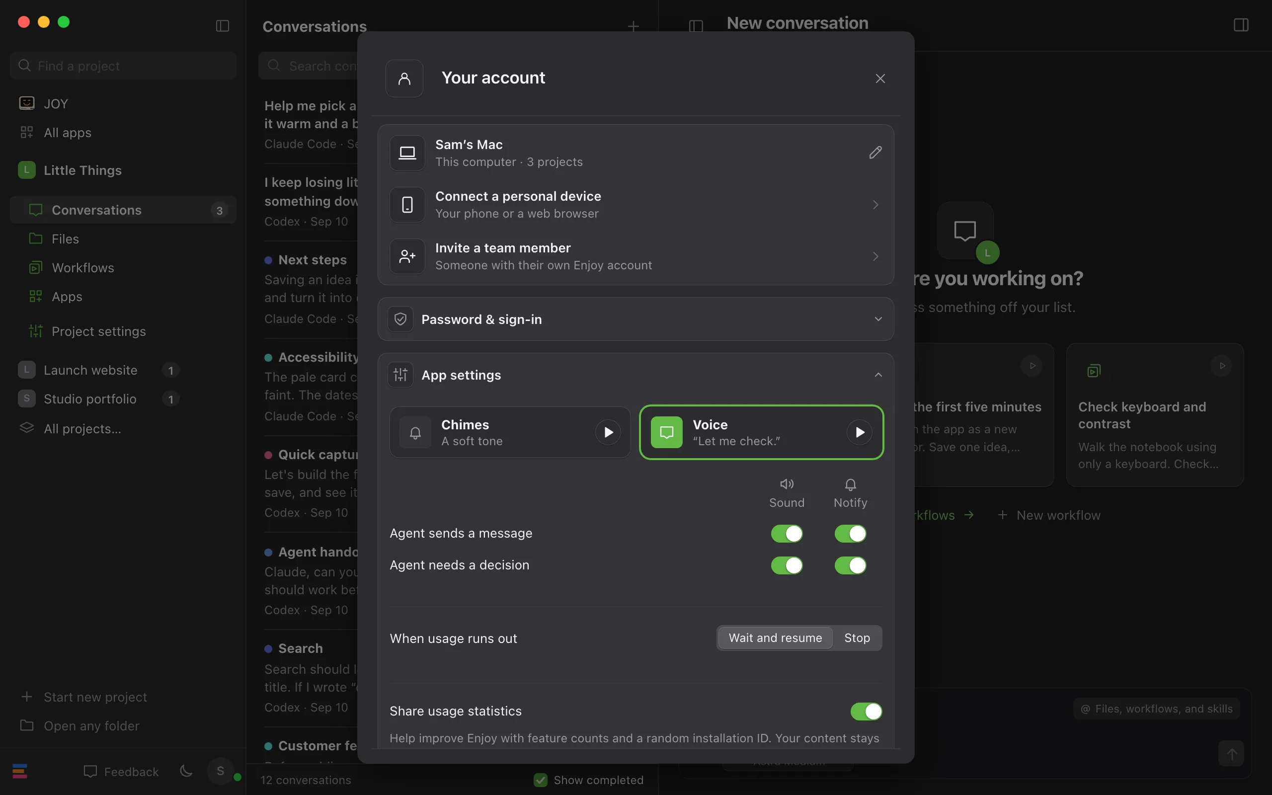 The Your account window with App settings expanded, showing the Chimes and Voice tiles above the alert switches, with Voice selected. Highlighted: Chimes and Voice tiles.