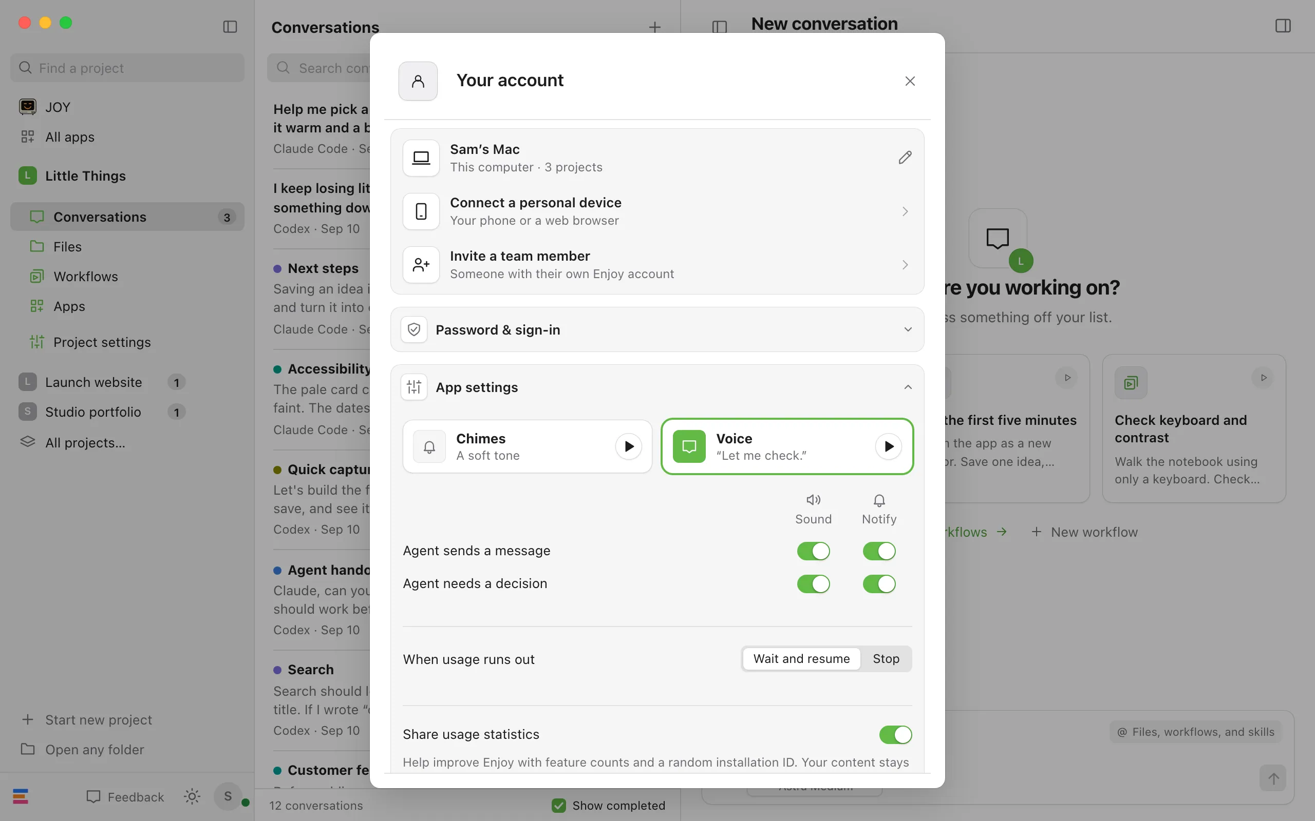 The Your account window with App settings expanded, showing the Chimes and Voice tiles above the alert switches, with Voice selected. Highlighted: Chimes and Voice tiles.