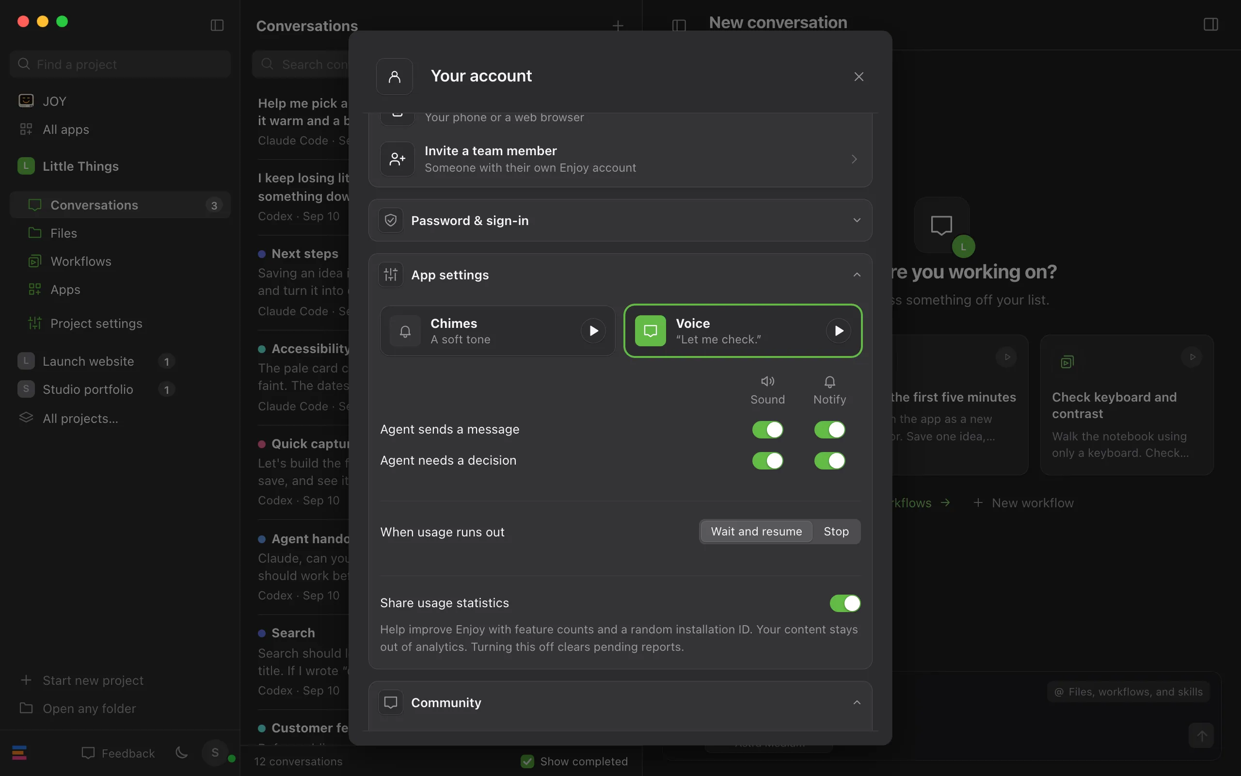The Your account window with App settings expanded, showing the Sound and Notify columns for Agent sends a message and Agent needs a decision. Highlighted: Sound and Notify switches.