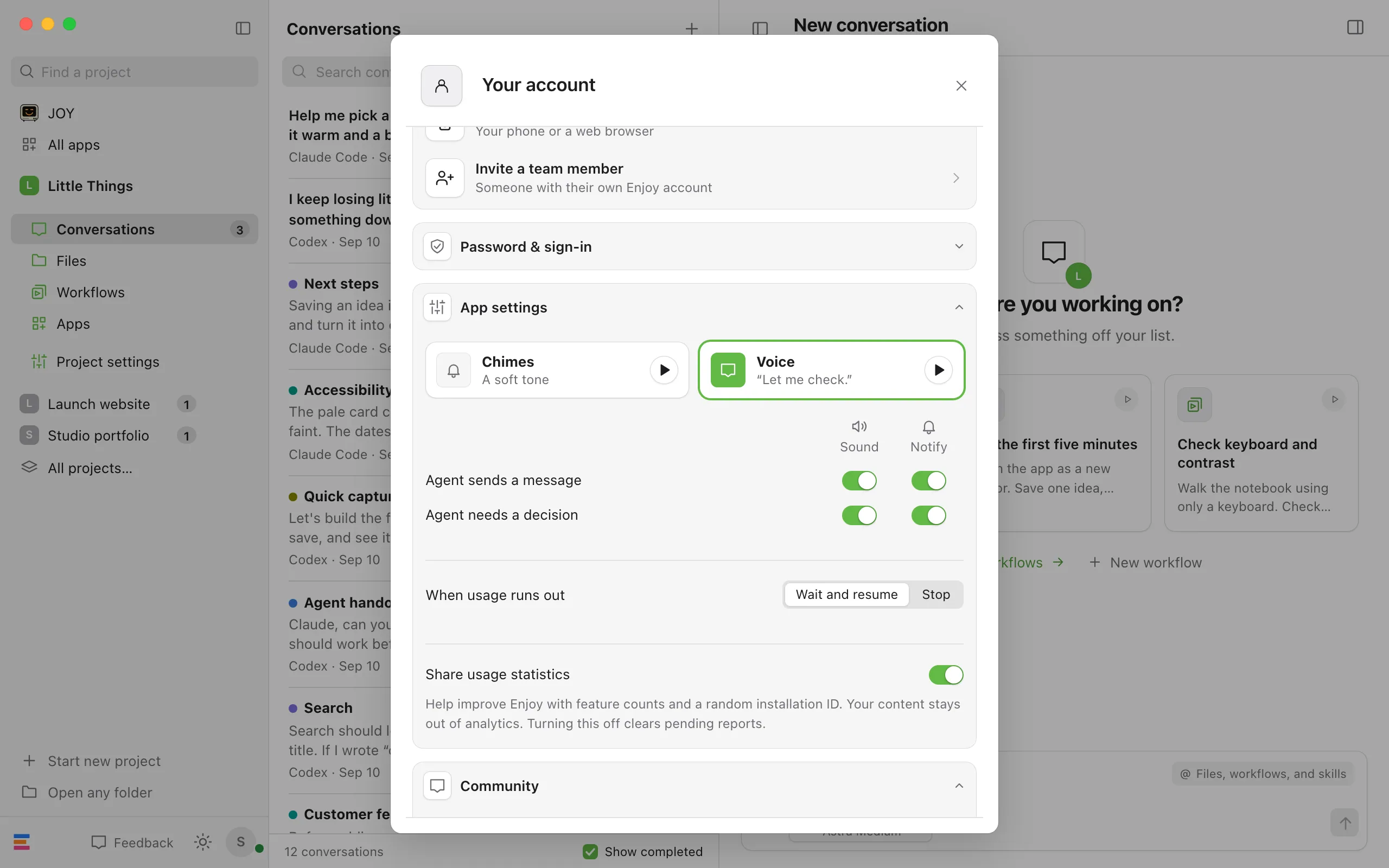 The Your account window with App settings expanded, showing the Sound and Notify columns for Agent sends a message and Agent needs a decision. Highlighted: Sound and Notify switches.