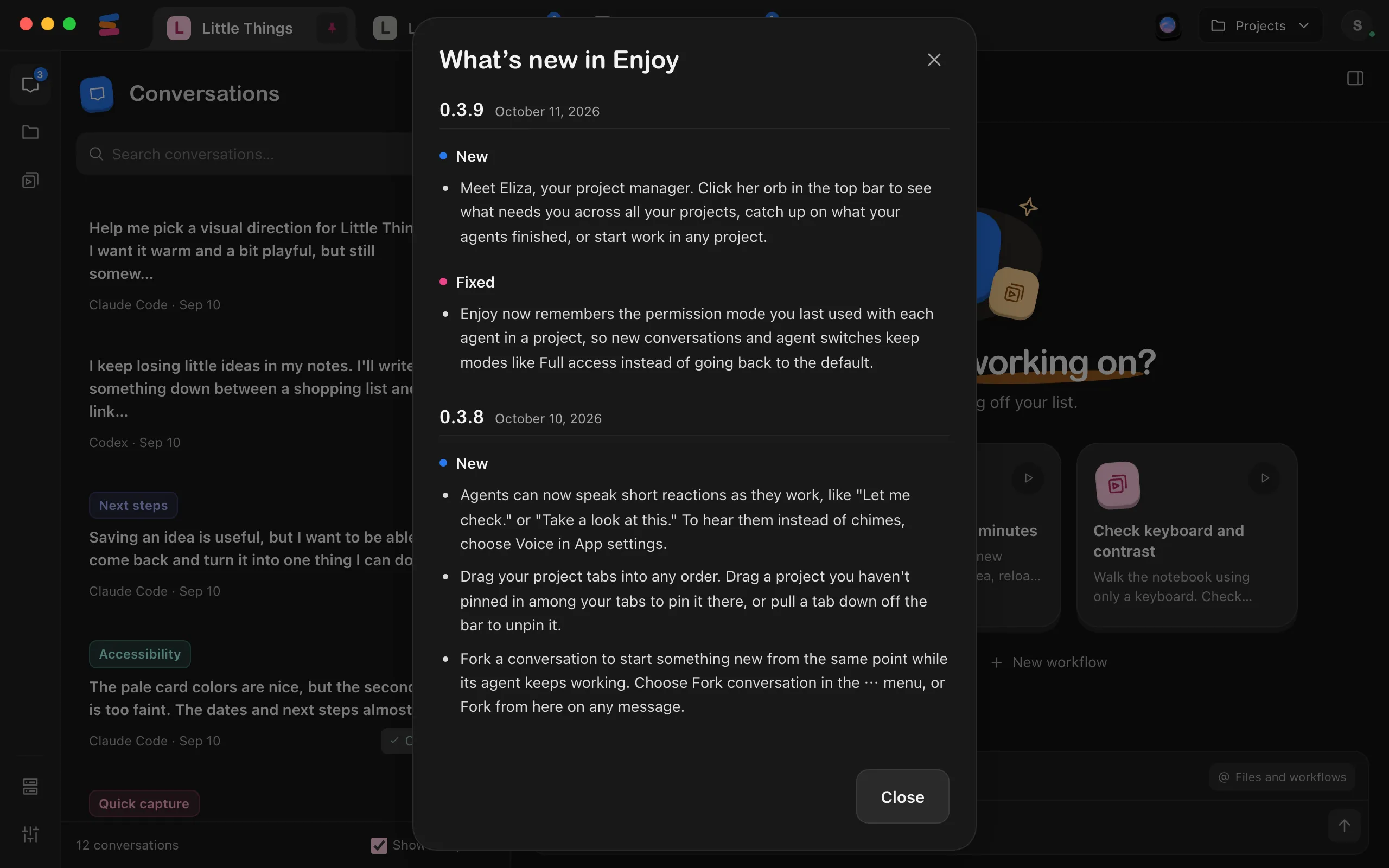 The What’s new in Enjoy window, listing each version’s changes, newest first. Highlighted: The newest version.