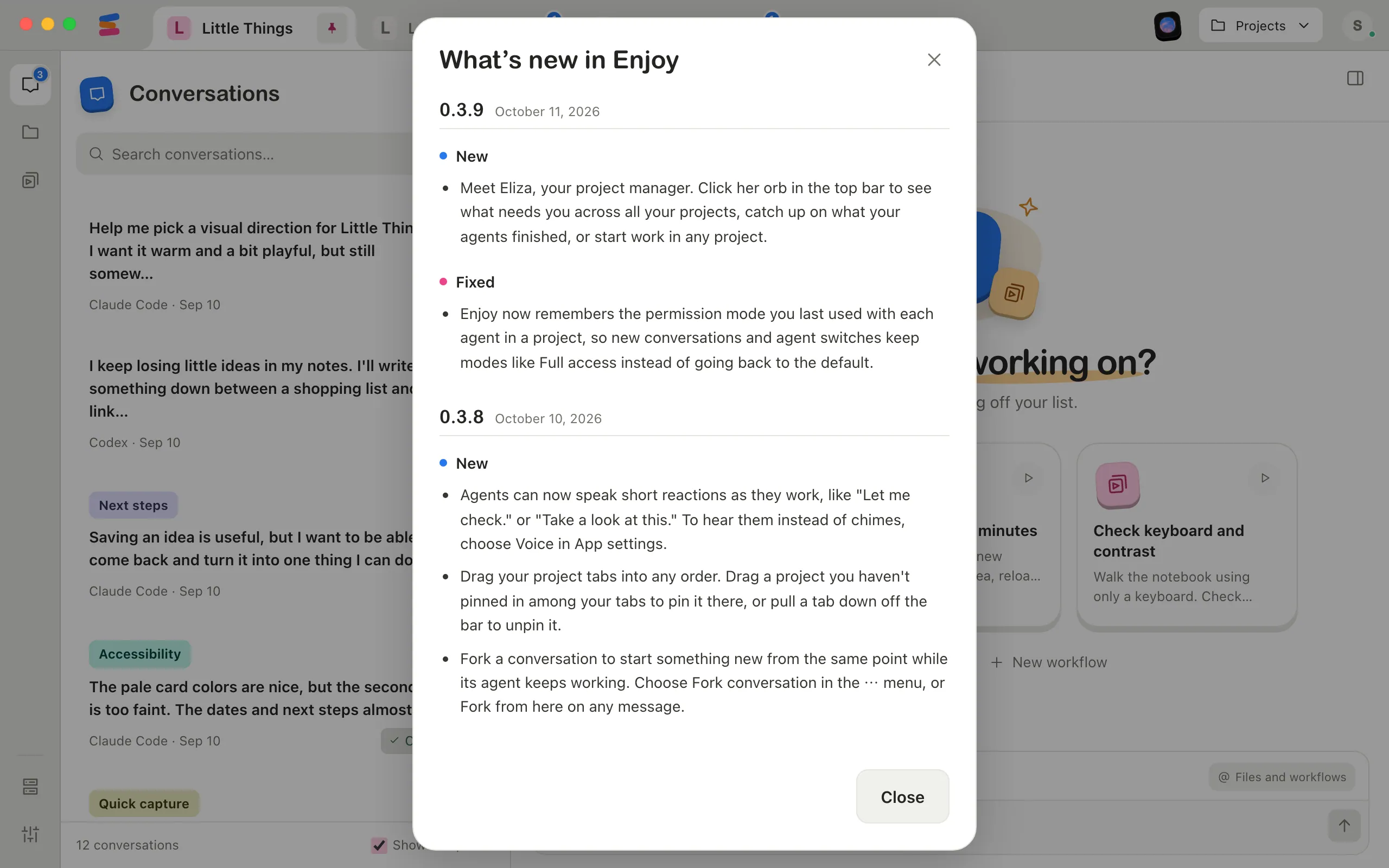 The What’s new in Enjoy window, listing each version’s changes, newest first. Highlighted: The newest version.