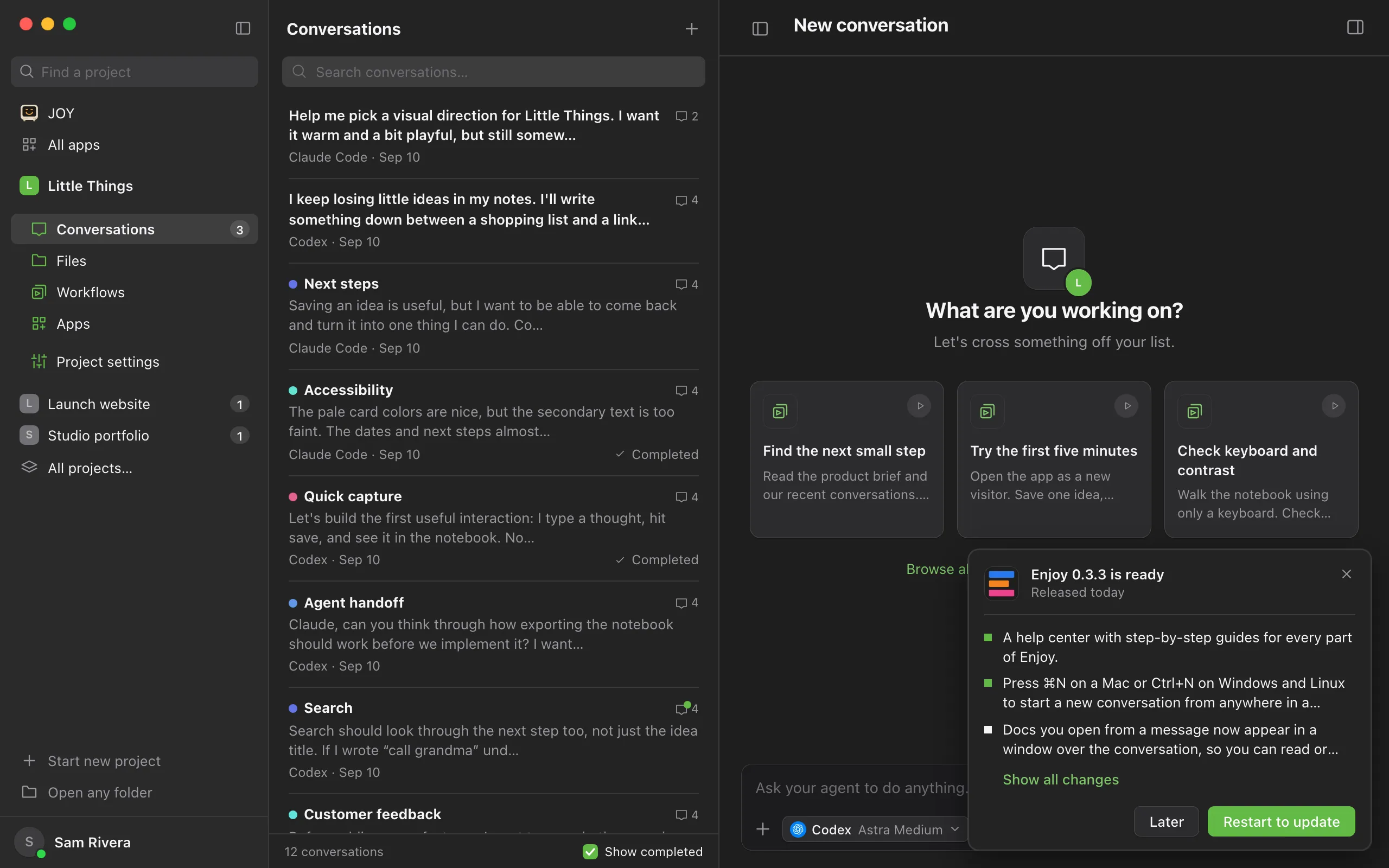 The update panel in the corner of the window, saying Enjoy 0.3.3 is ready, with the update’s first three changes, Show all changes, Later and Restart to update. Highlighted: Enjoy 0.3.3 is ready.