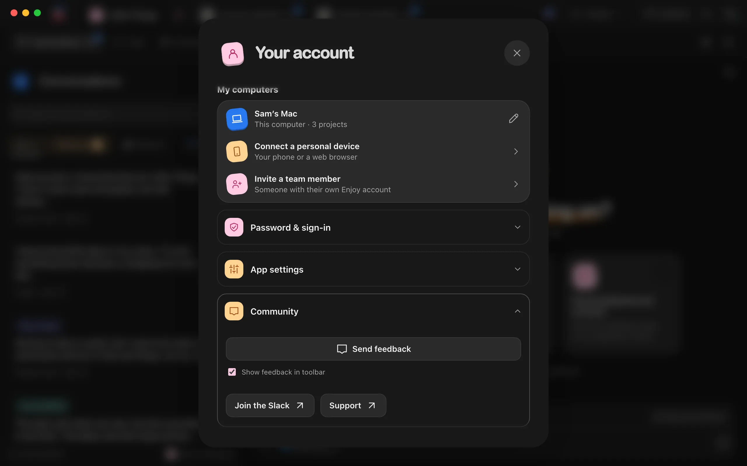 The Your account window, with the My computers section showing this computer. Highlighted: Invite a team member.