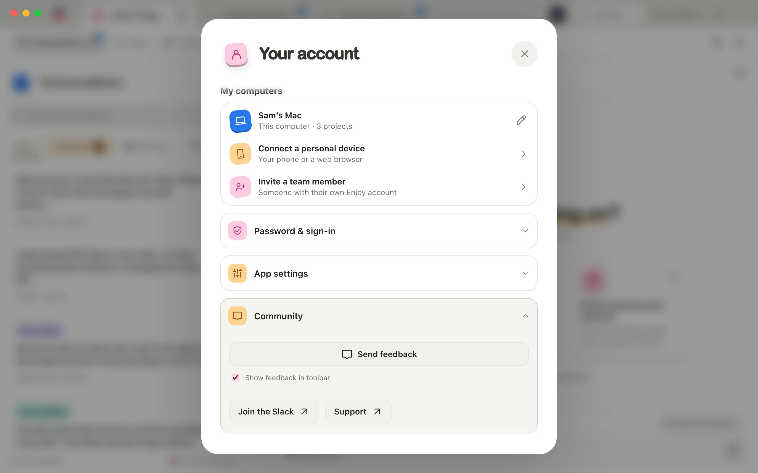 The Your account window, with the My computers section showing this computer. Highlighted: Invite a team member.