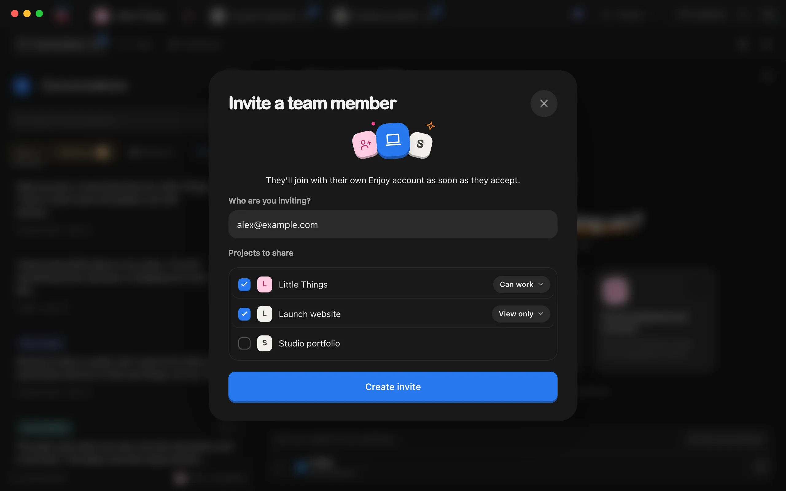 The Invite a team member window with an email typed and two projects checked, one set to View only. Highlighted: The Can work pill beside a checked project.