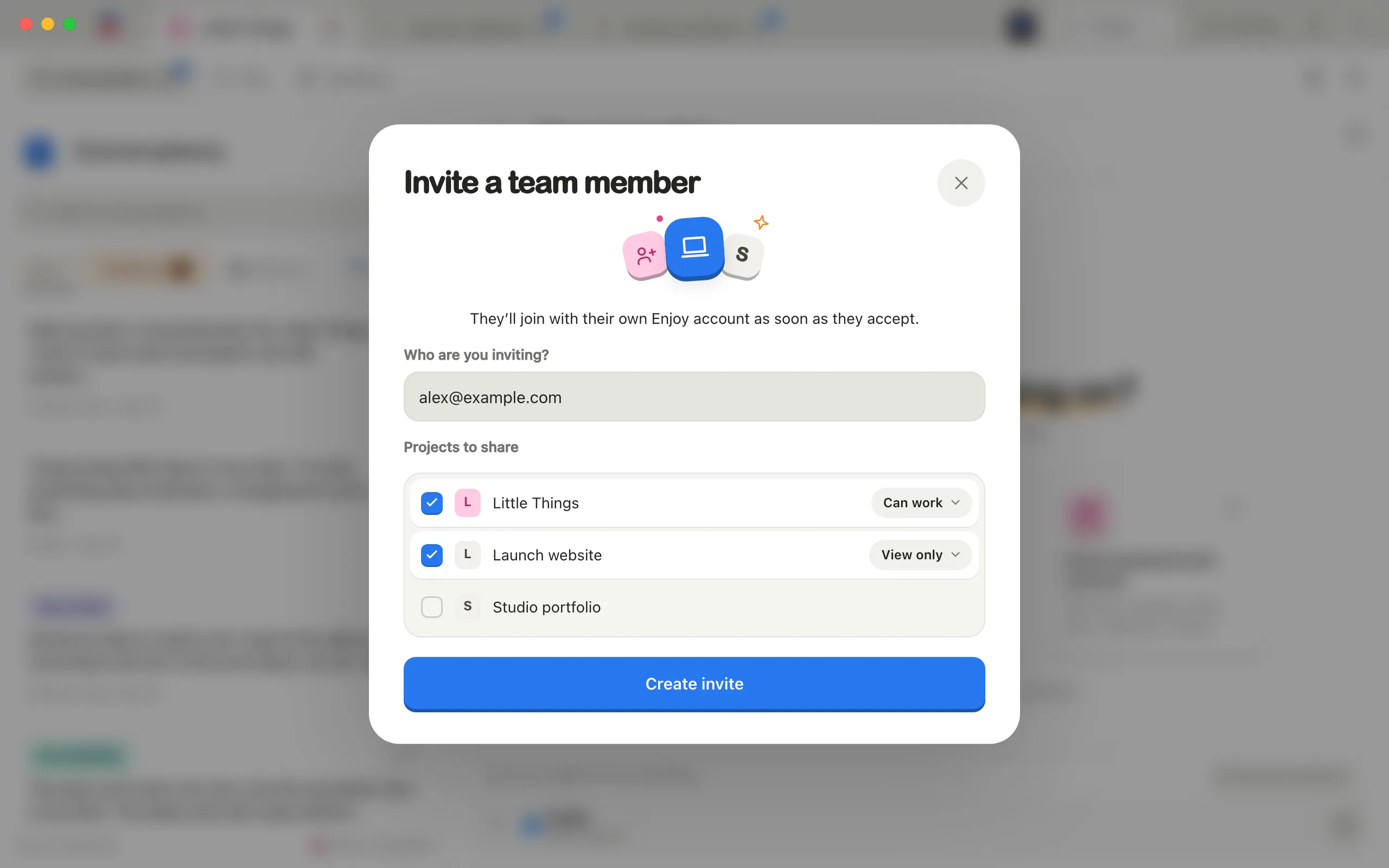 The Invite a team member window with an email typed and two projects checked, one set to View only. Highlighted: The Can work pill beside a checked project.