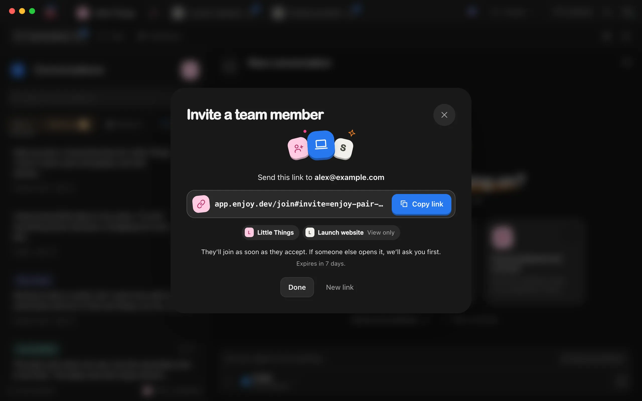 The new invite link, with Send this link to and the shared projects below it. Highlighted: Copy link.