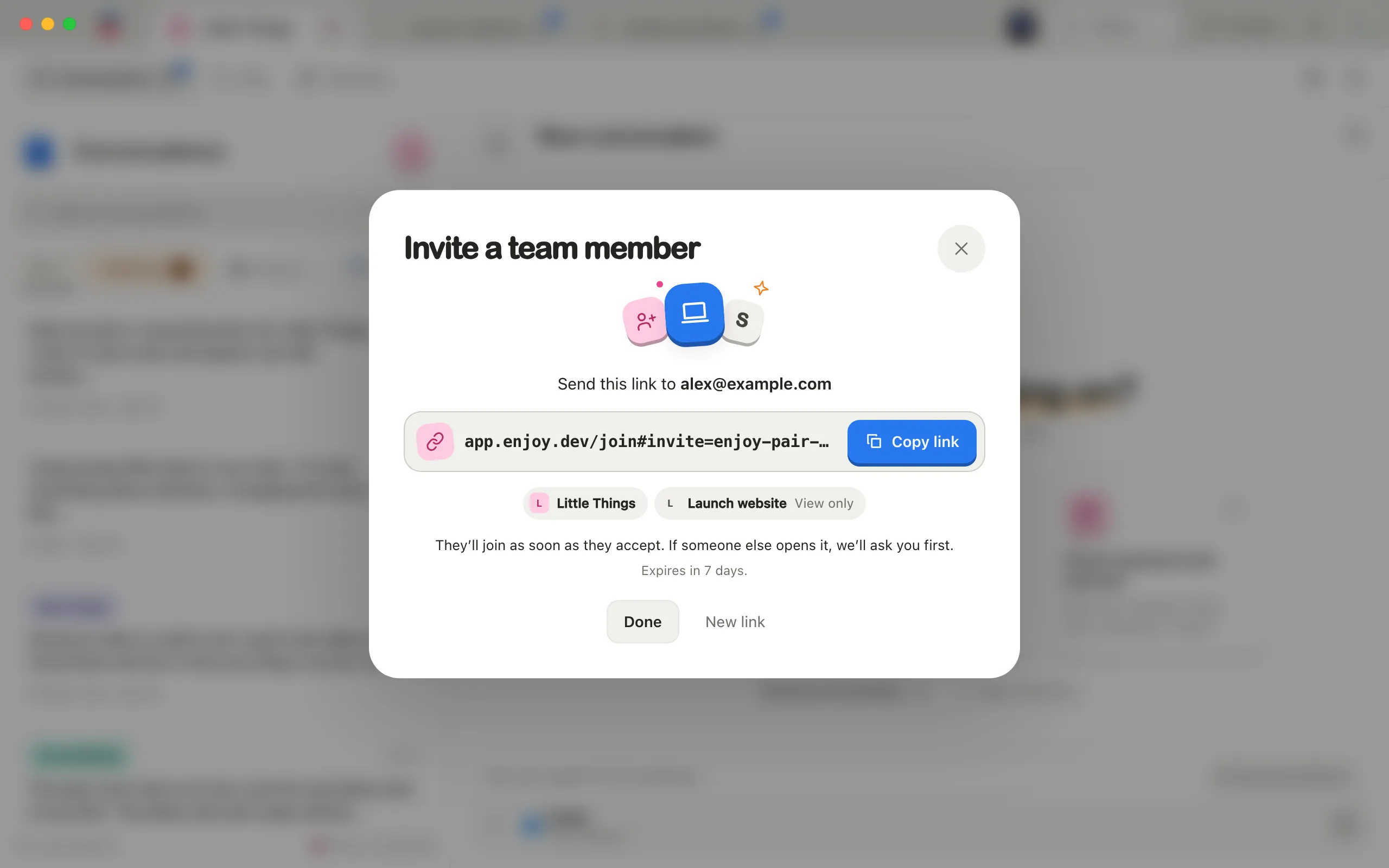 The new invite link, with Send this link to and the shared projects below it. Highlighted: Copy link.