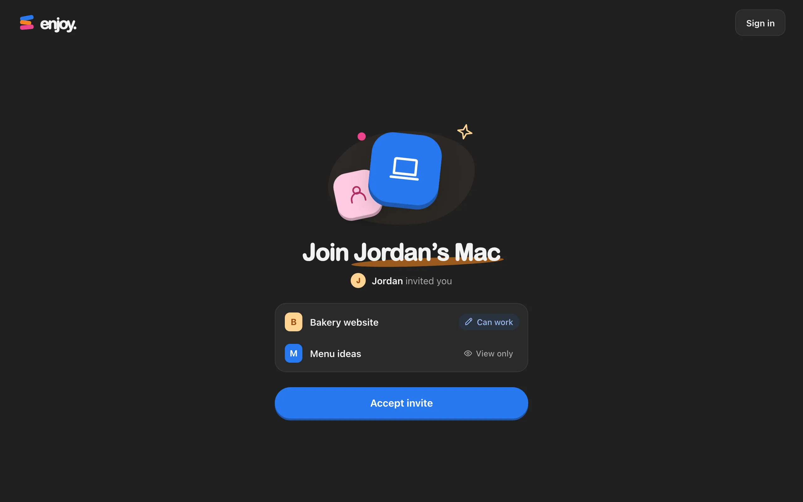 The invite page in a browser, with the computer's name, who invited you, and the shared projects with their access. Highlighted: Accept invite.