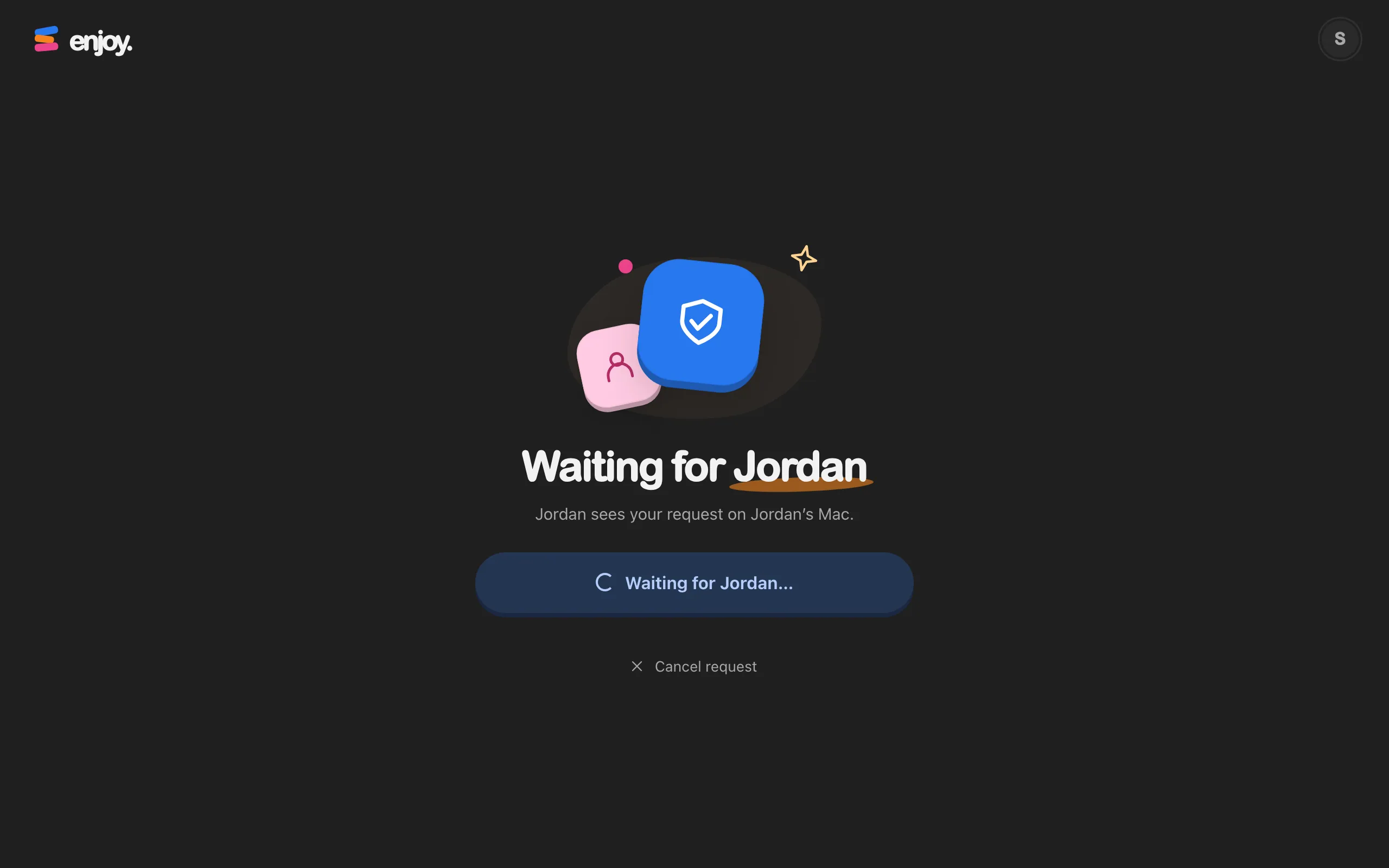 The waiting page while the owner decides on their computer. Highlighted: Cancel request.