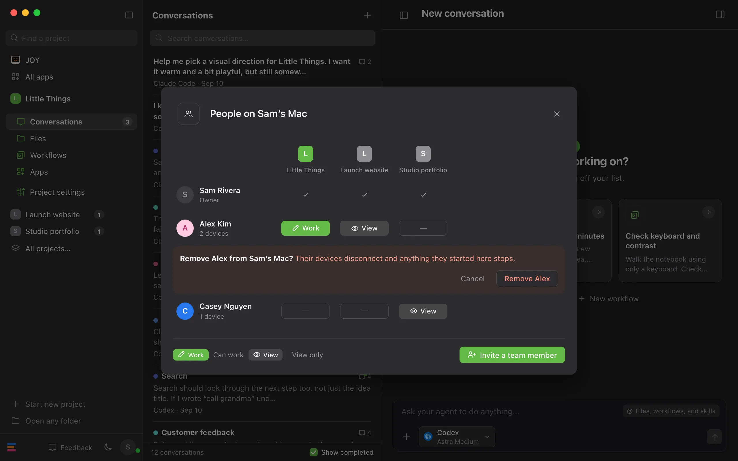 The confirmation under the person's row, asking whether to remove them from this computer. Highlighted: Remove button.
